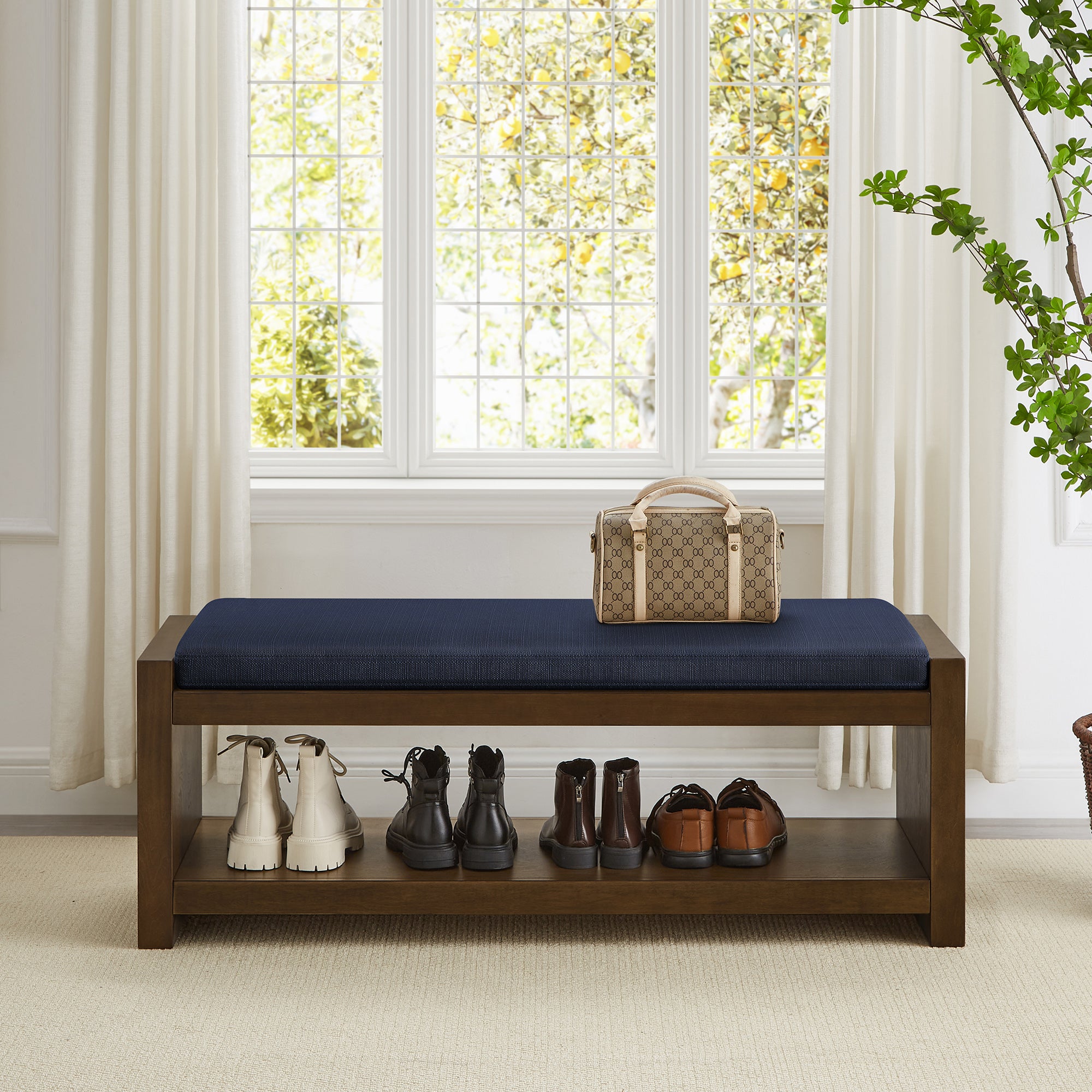 Accent Bench with Lower Shelf Shoe Rack and Padded Seating