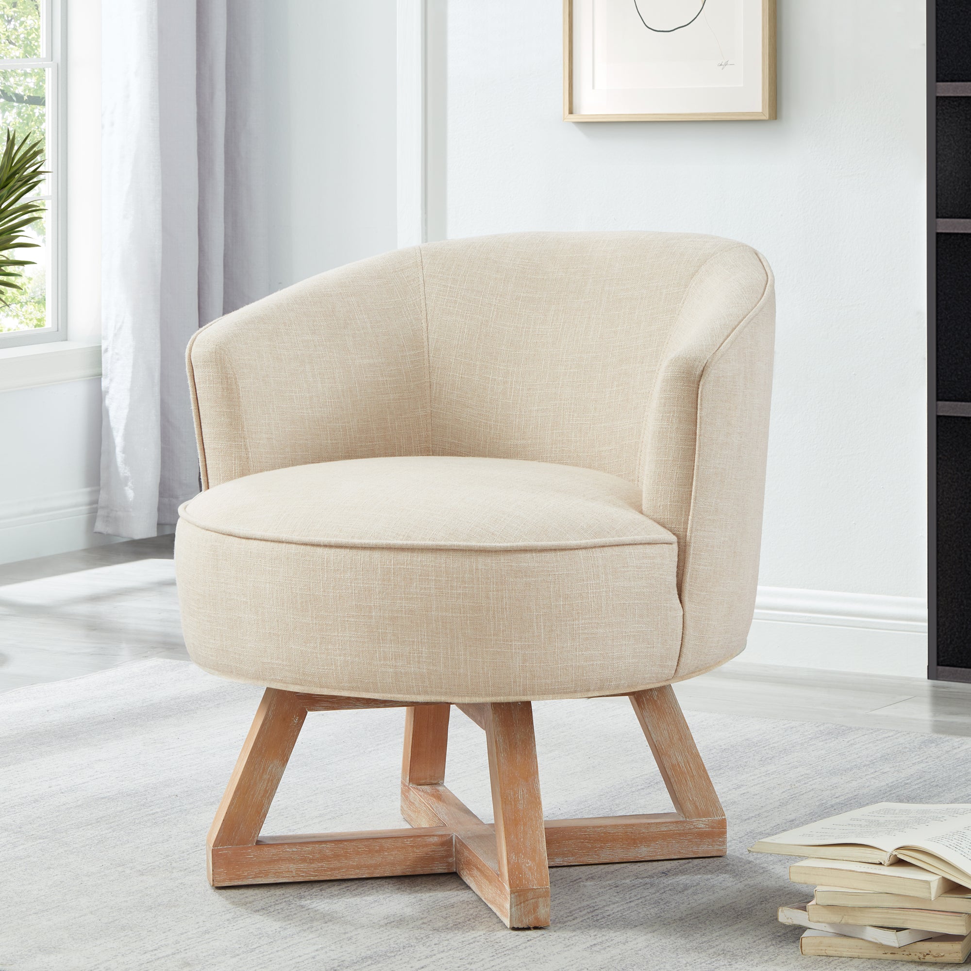 Linen 360° Swivel Chair with Cross-Shaped Wooden Base