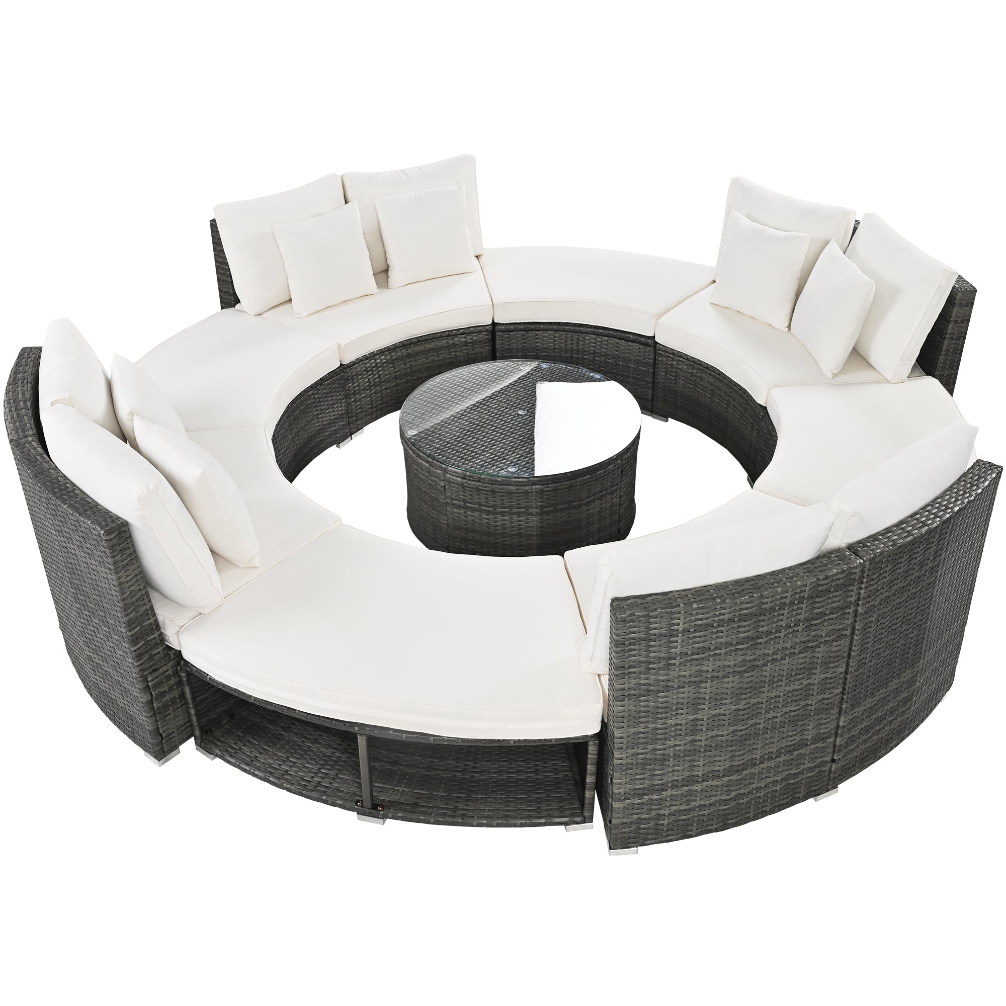 9-Piece Outdoor Circular Sofa Set with Tempered Glass Coffee Table and 6 Pillows