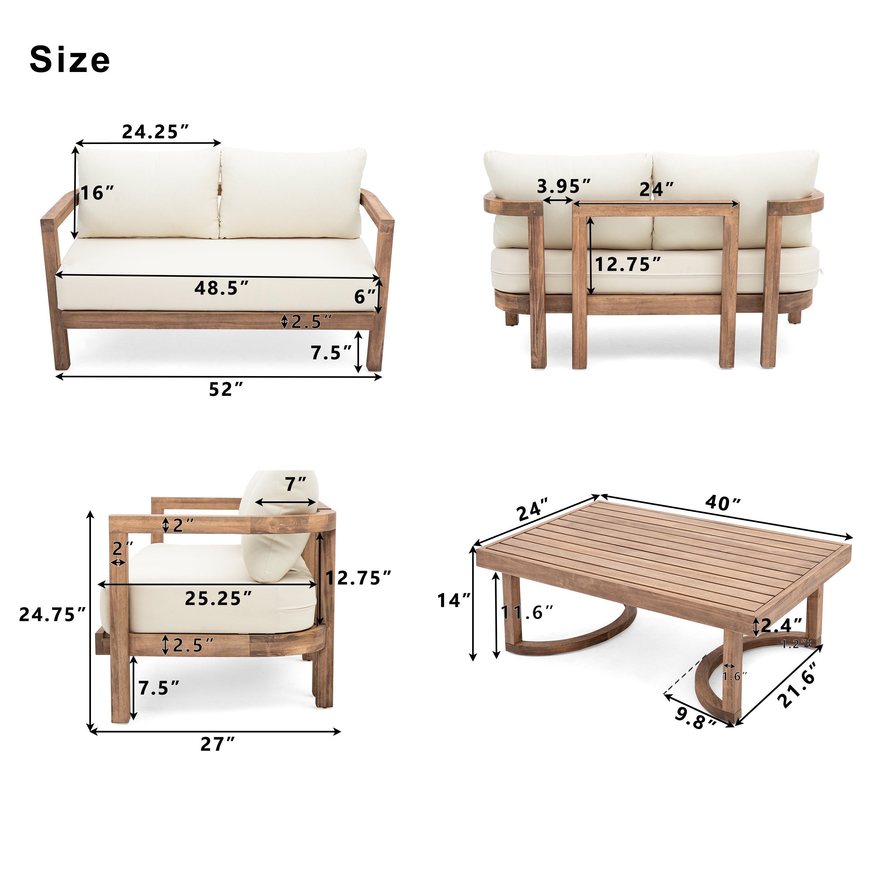 2-Piece Patio Set with Open Back Loveseat and Wooden Coffee Table