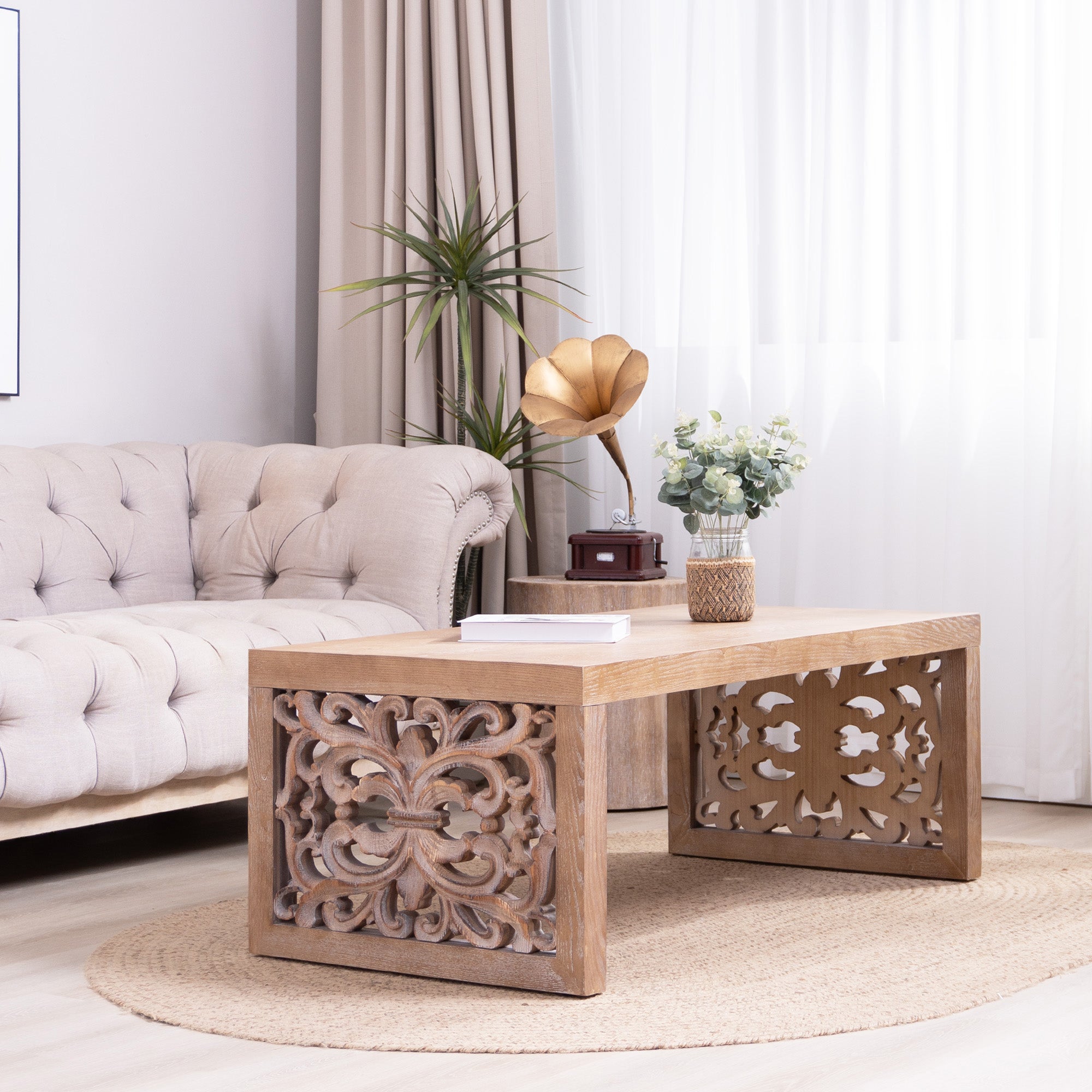 Handcrafted Rustic Wood Coffee Table with Ornate Side Panels