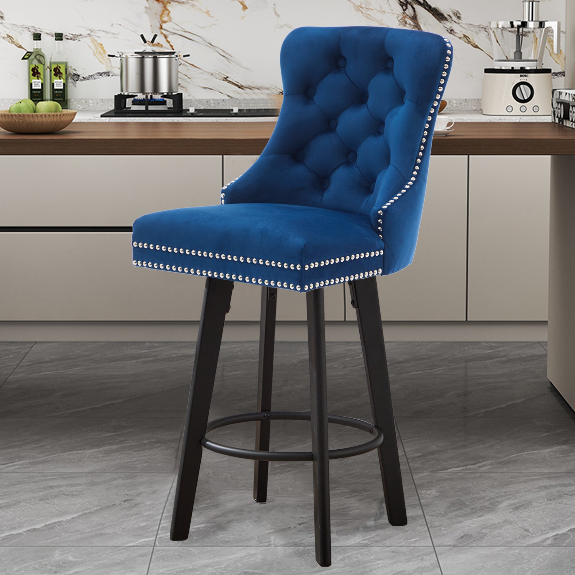 Modern Velvet Button Tufted Swivel Bar Stool with Metal Pull Ring