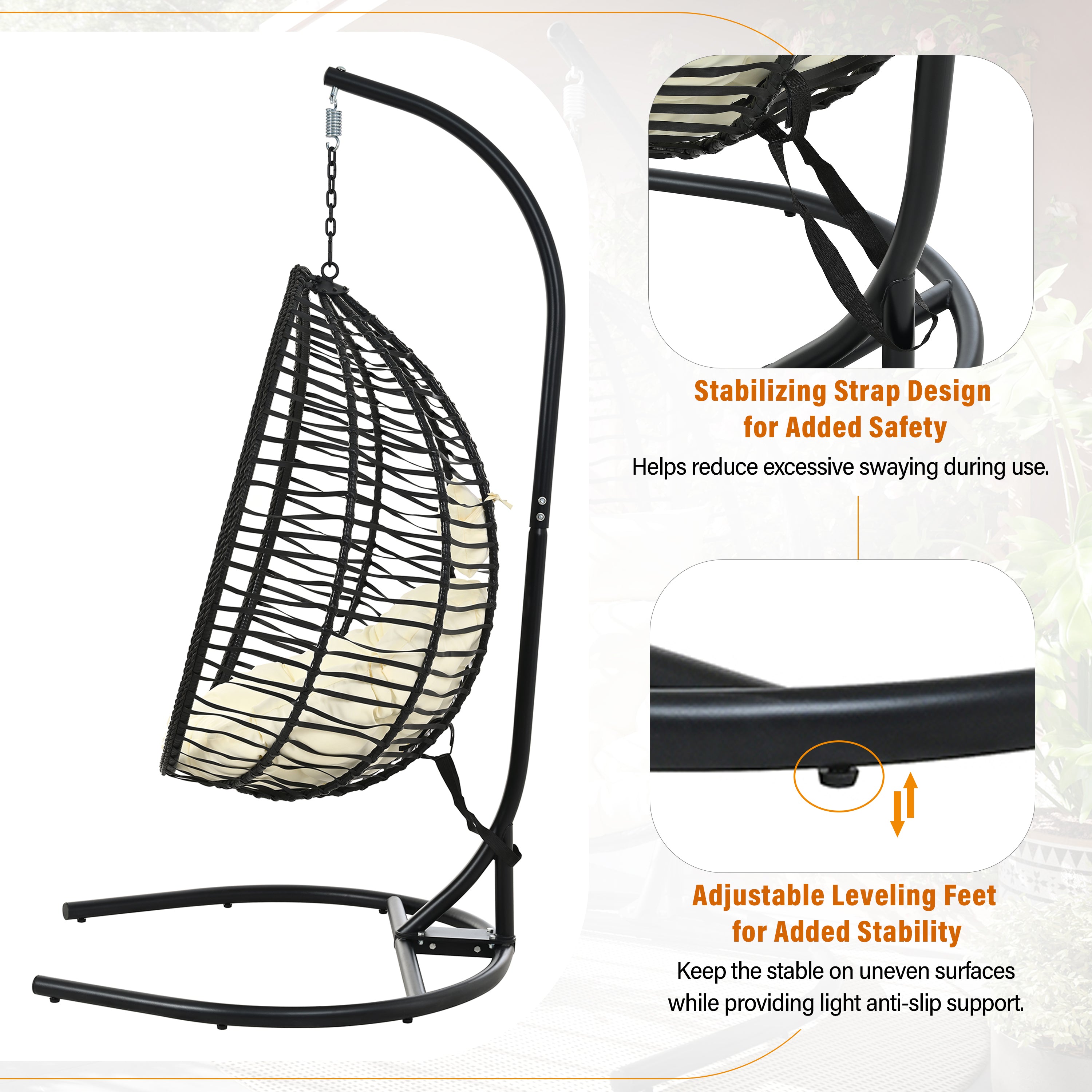 Foldable Rattan Egg Swing Chair with Iron Frame, Plush Cushion & Removable Headrest