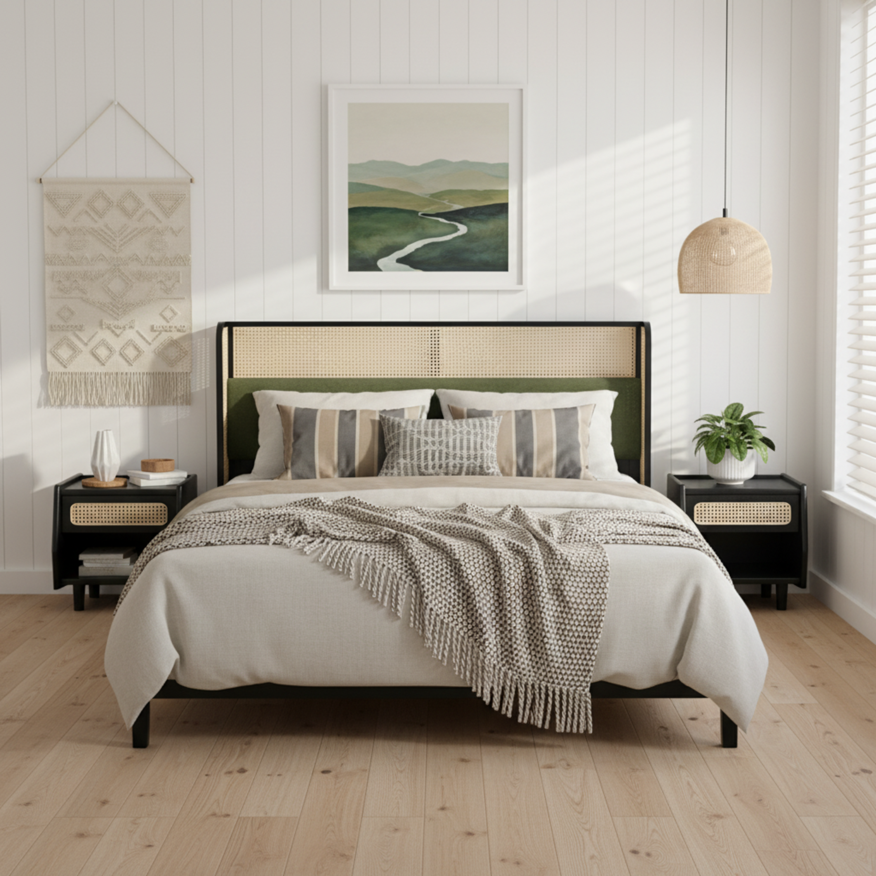 Bed Frame with Solid Wood Headboard, Black with Green