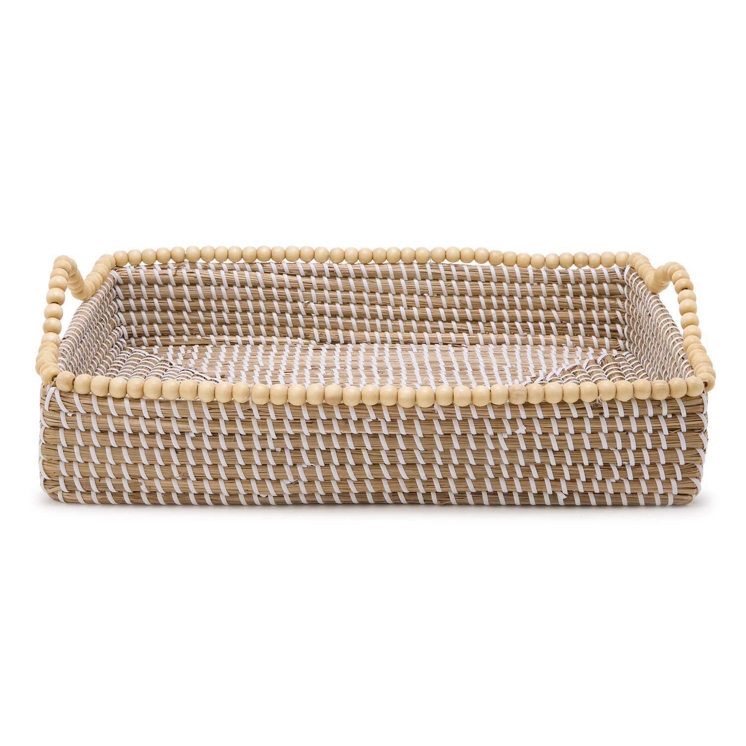 Natural Seagrass Rectangle Trays with Wooden Bead Accent, Set of 3
