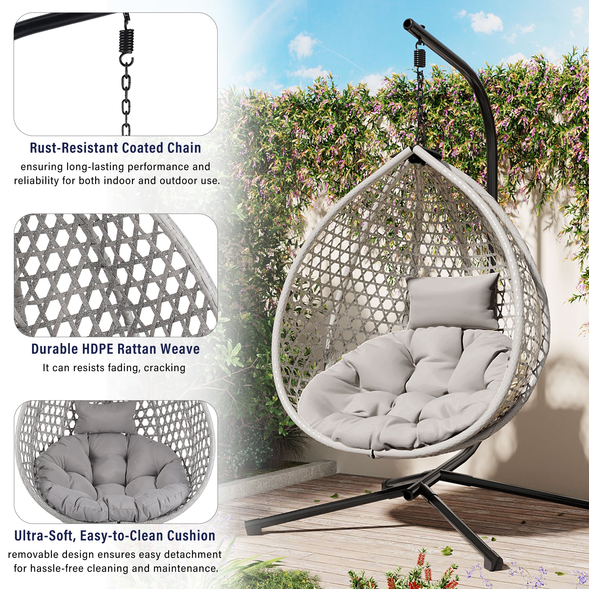 Hanging Swinging Egg Chair with Rattan Weaving, Base Included