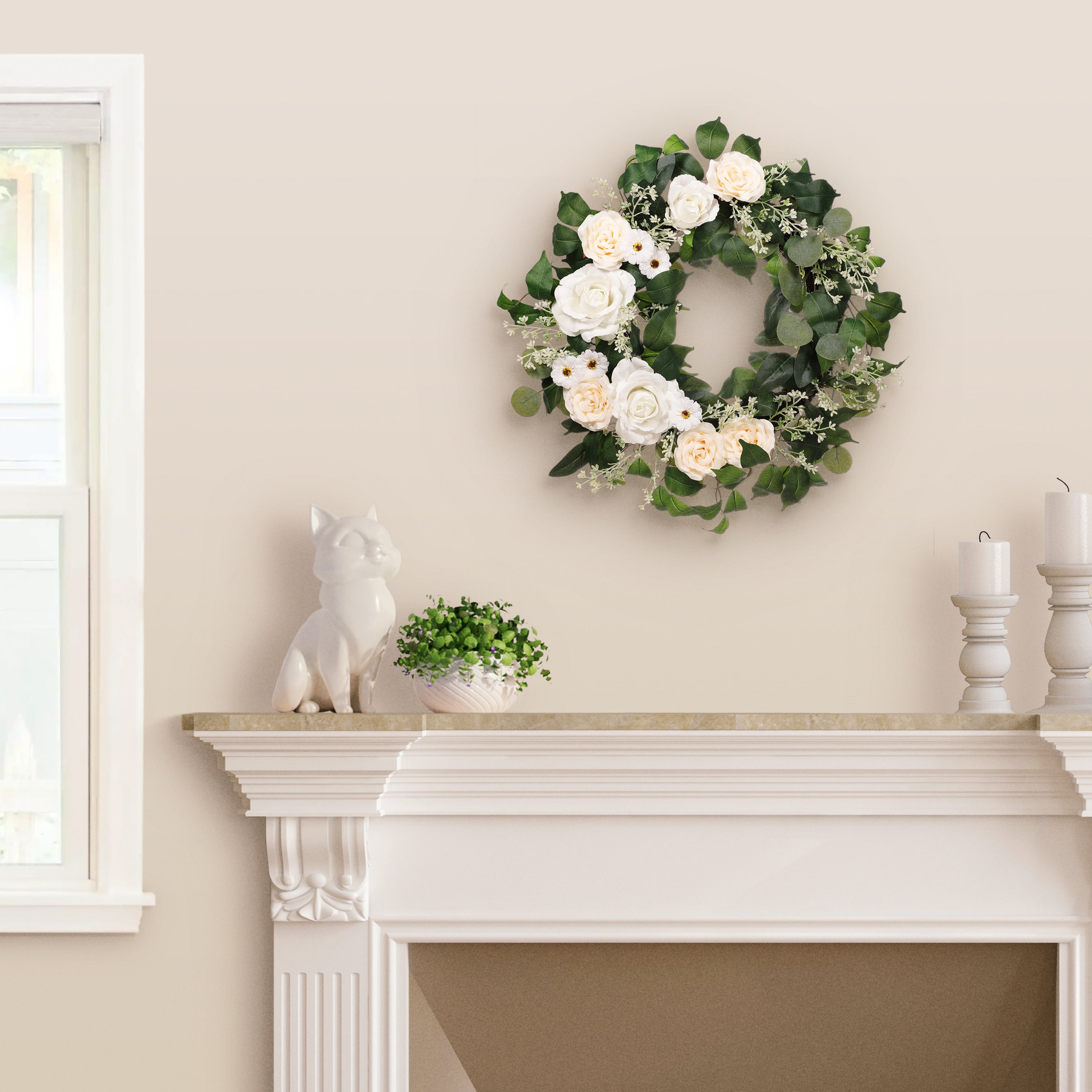 24" Artificial Rose,Camellia,Babysbreath Floral Spring Wreath