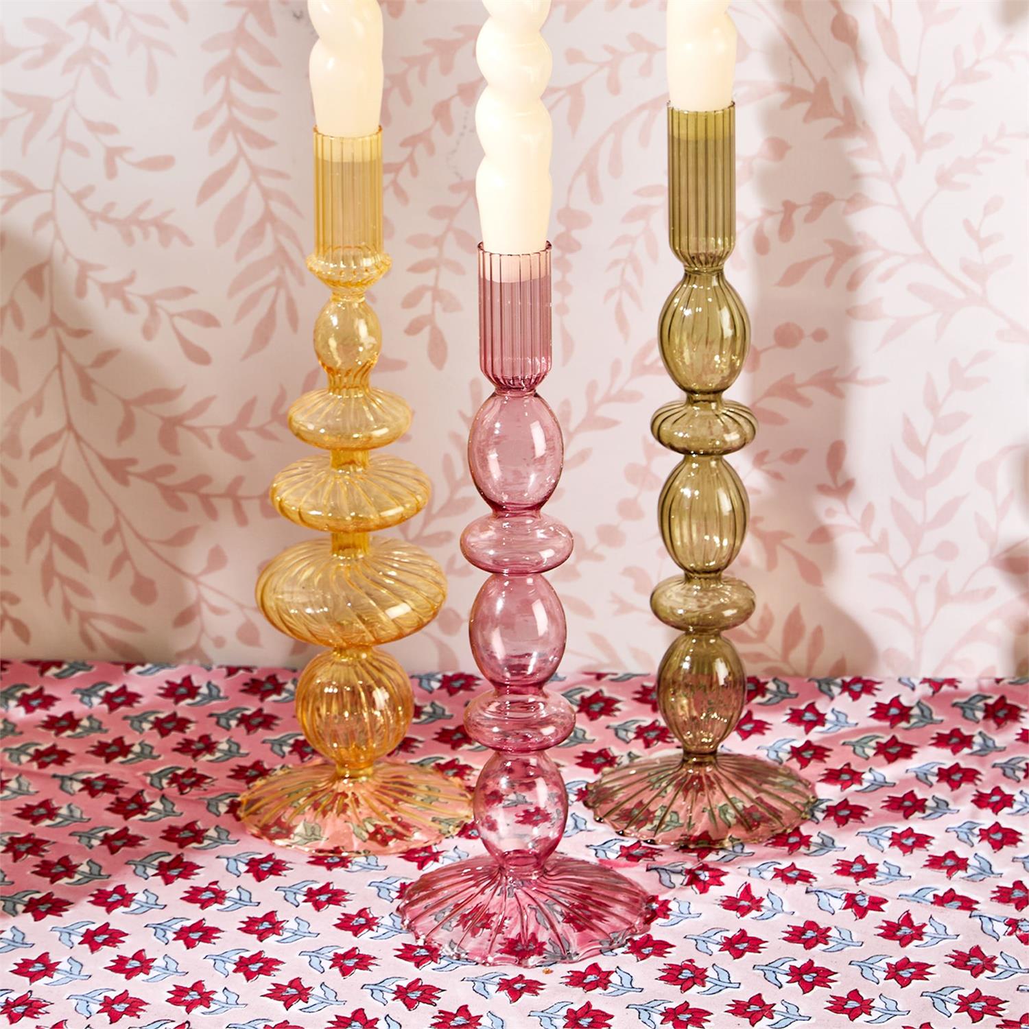 Hand-Blown Glass Taper Candlestick Candleholders Incl 5 Colors, Set of 5