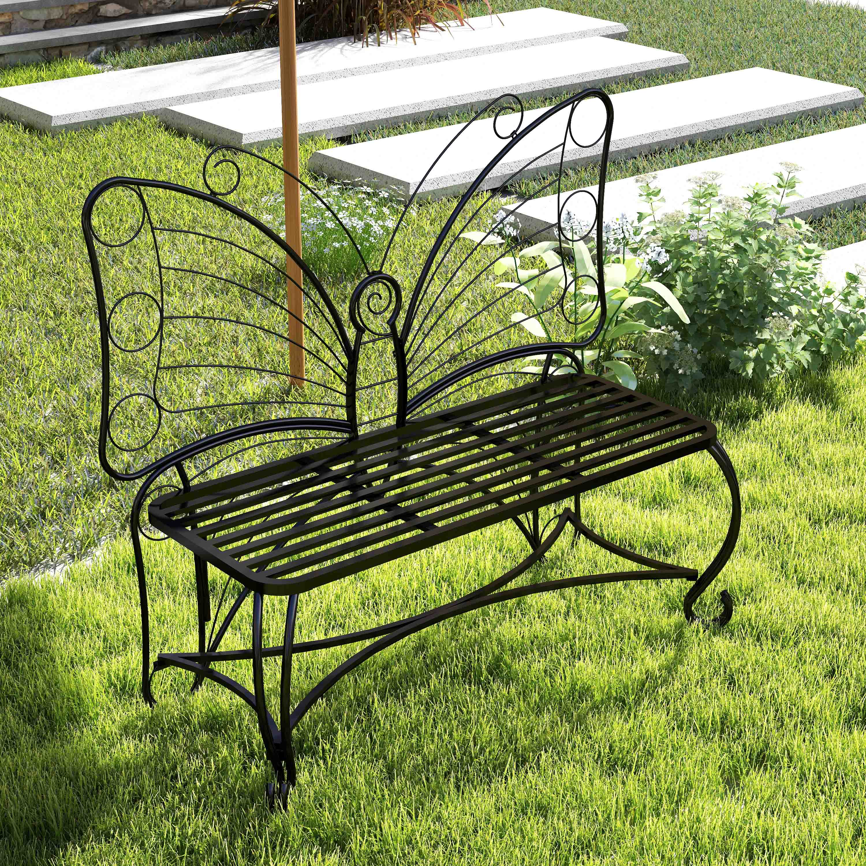 Monazite Outdoor Bench with Butterfly Back Design and Metal Frame