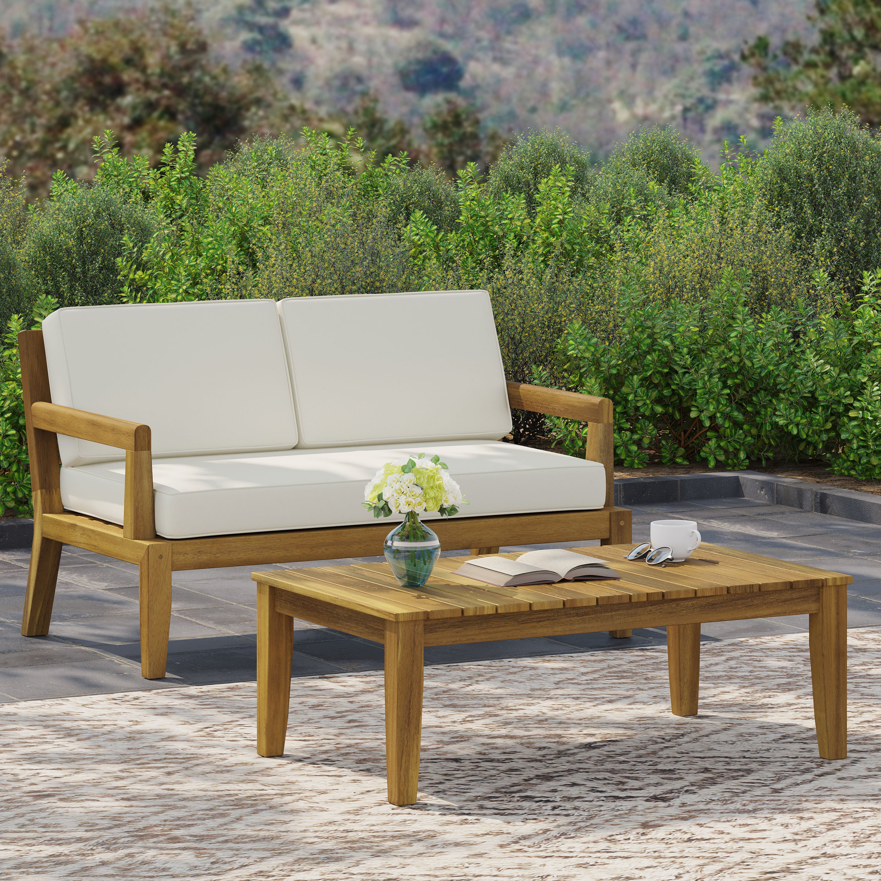 Camak Outdoor Acacia Wood Loveseat and Coffee Table Set