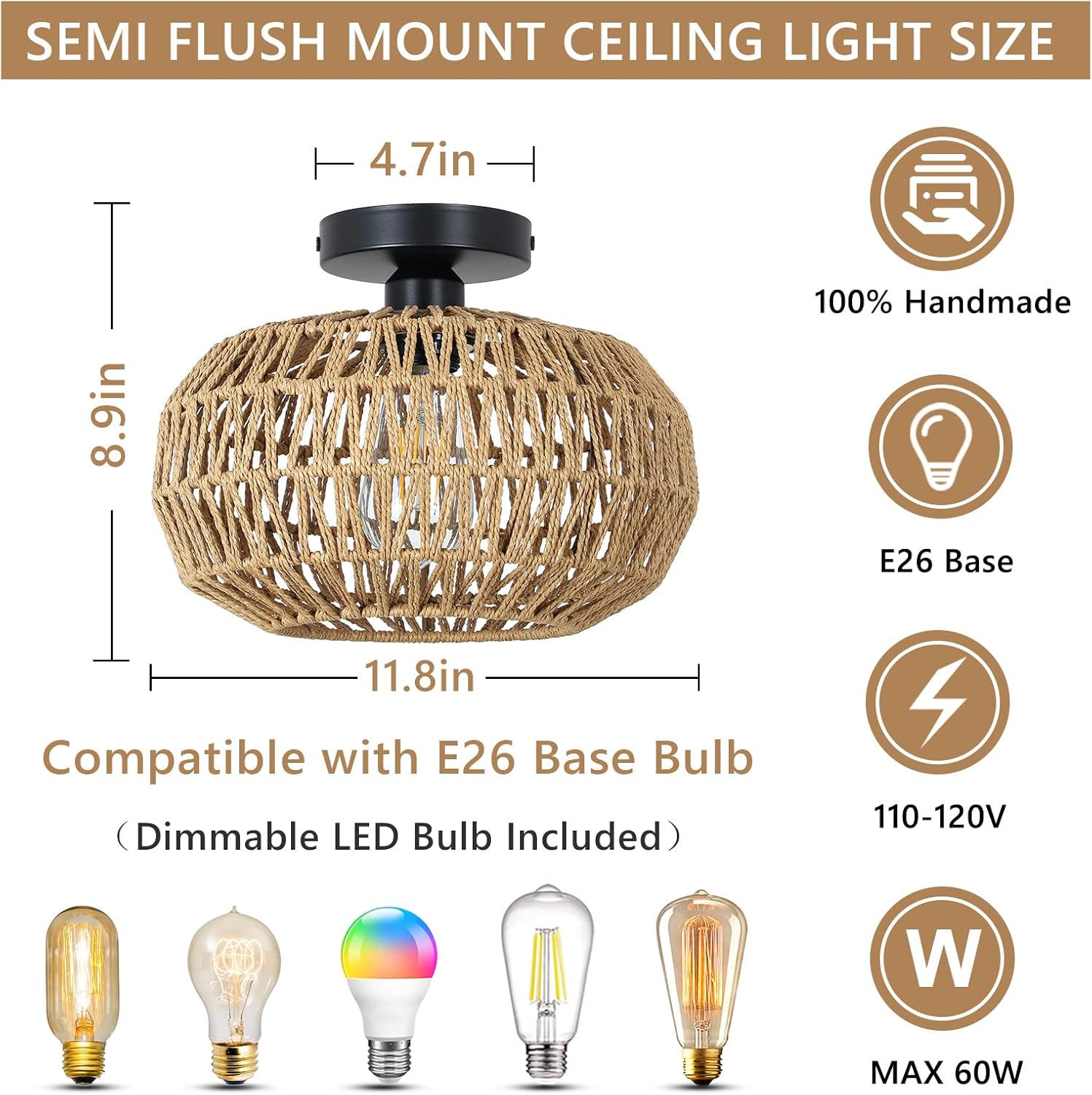 Ceiling Light Fixture with Dimmable LED and Hand-Woven Paper Rattan Cage