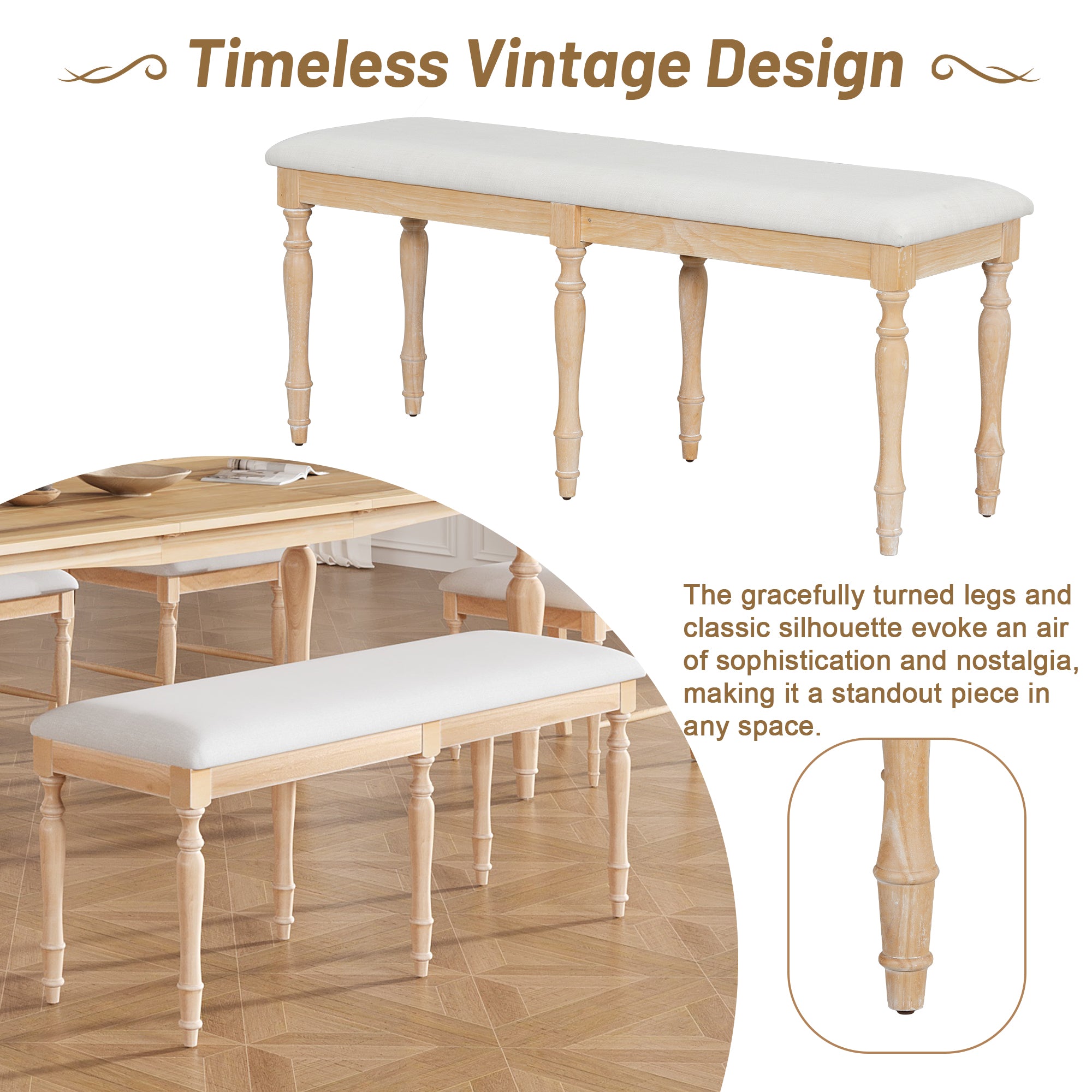 Foreverx 6-Piece Dining Set with Removable Leaf Table, Upholstered Dining Bench and 4 Chairs, Natural