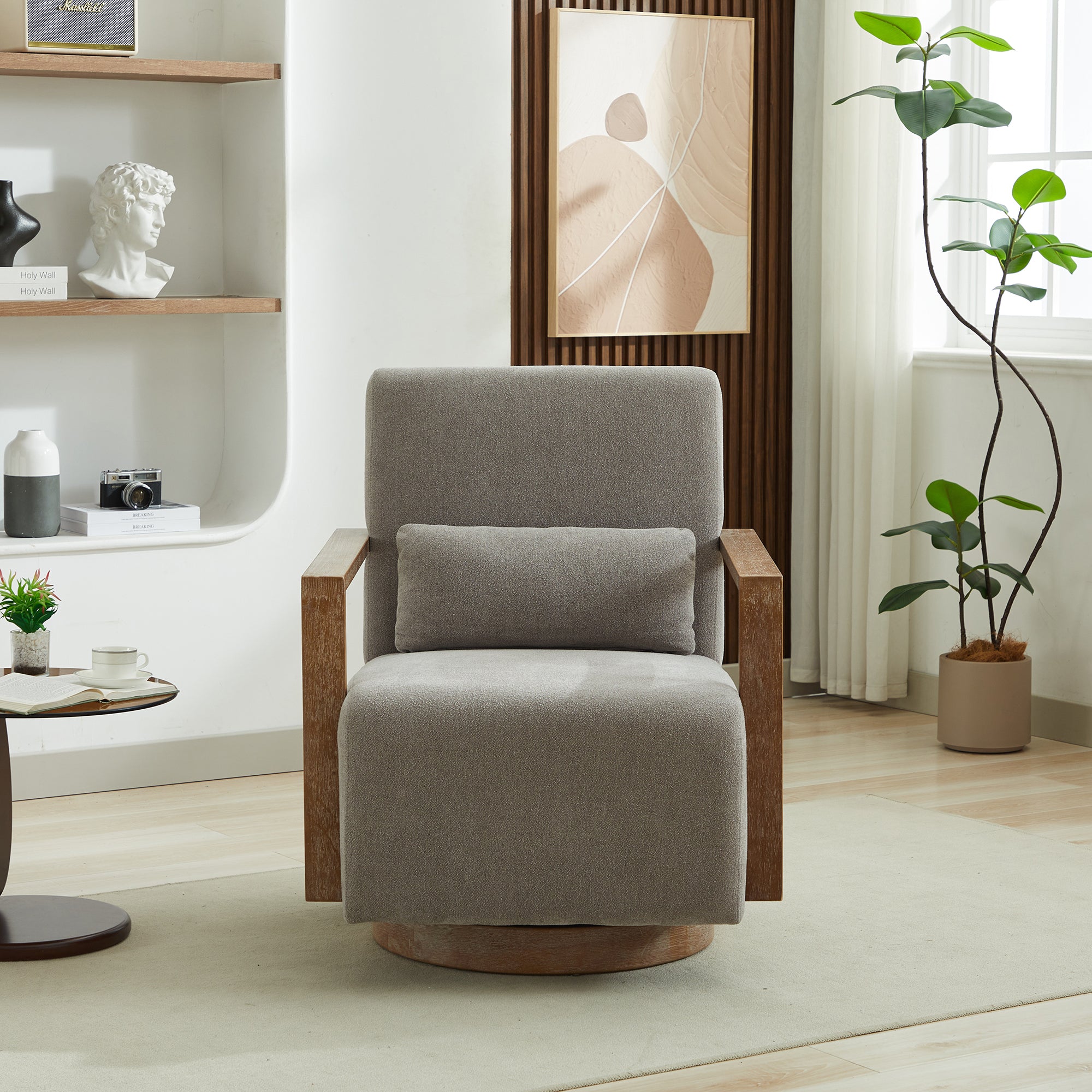 Swivel Modern Upholstered Accent Chair with Solid Wood Armrests