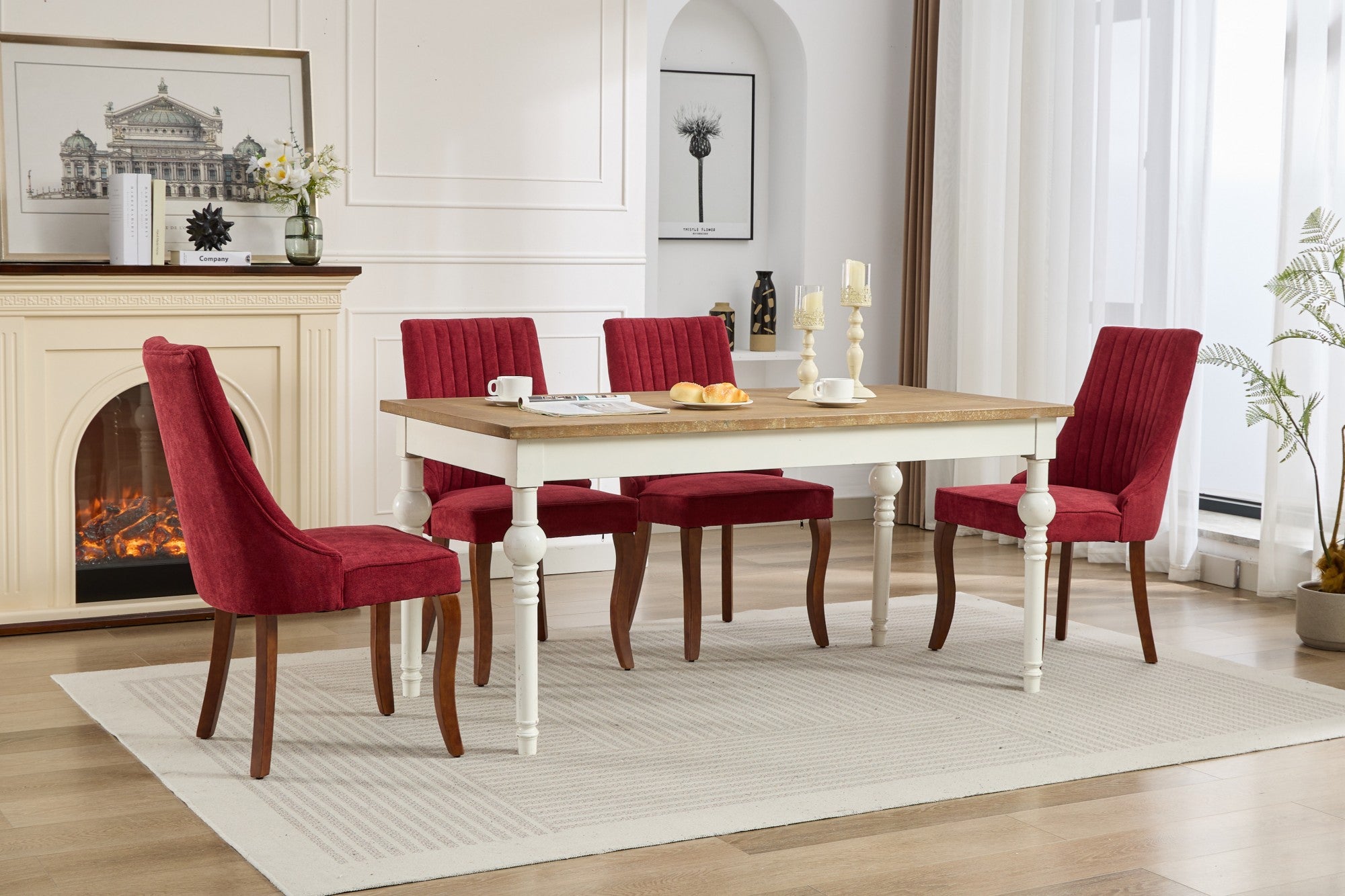 Rayon Cloth Flocking Linen Dining Chairs Channel Kitchen Dinner Chair Comfy Fabric Upholstered Accent Chair for Dining Room with Curved Solid Wood Legs,Set of 2 (Wine Red), SW1847WR