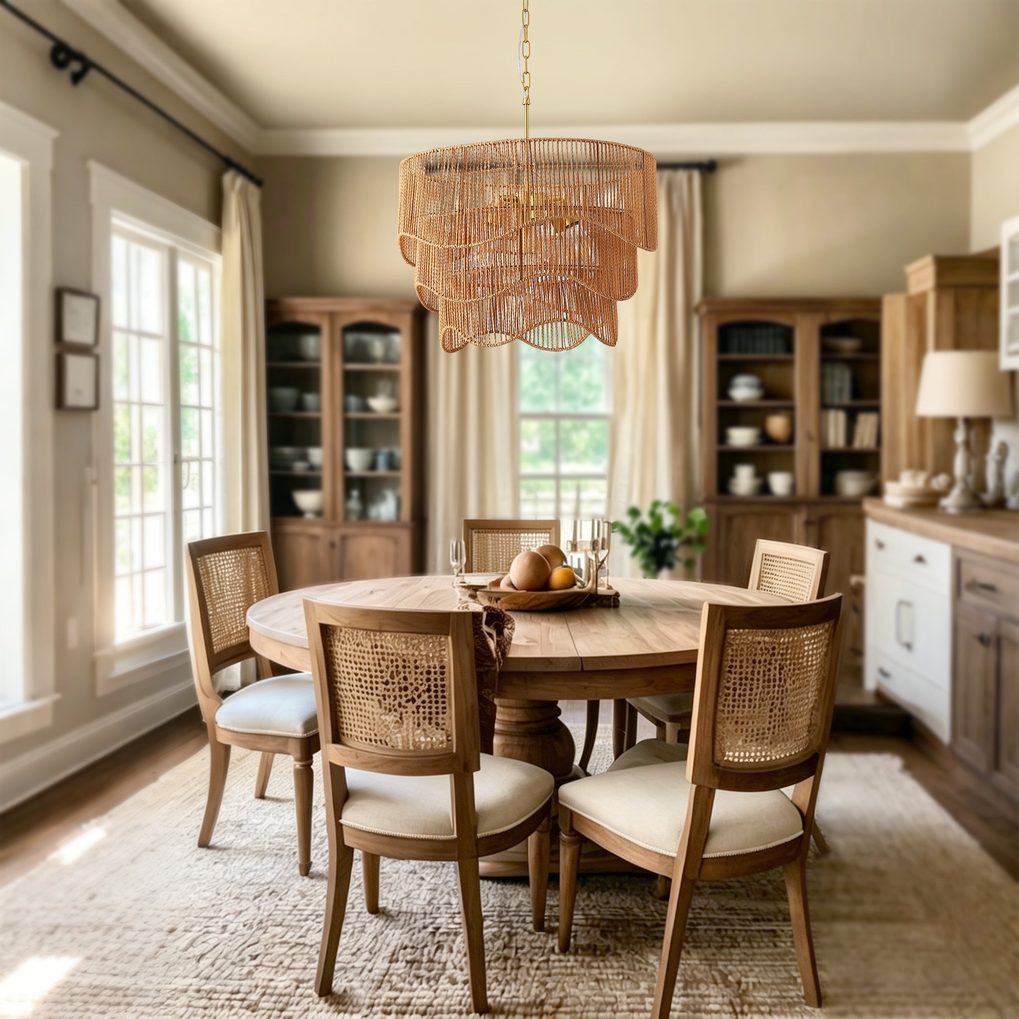 Handwoven Rattan Boho Wave Pendant Chandelier with 7-Lights