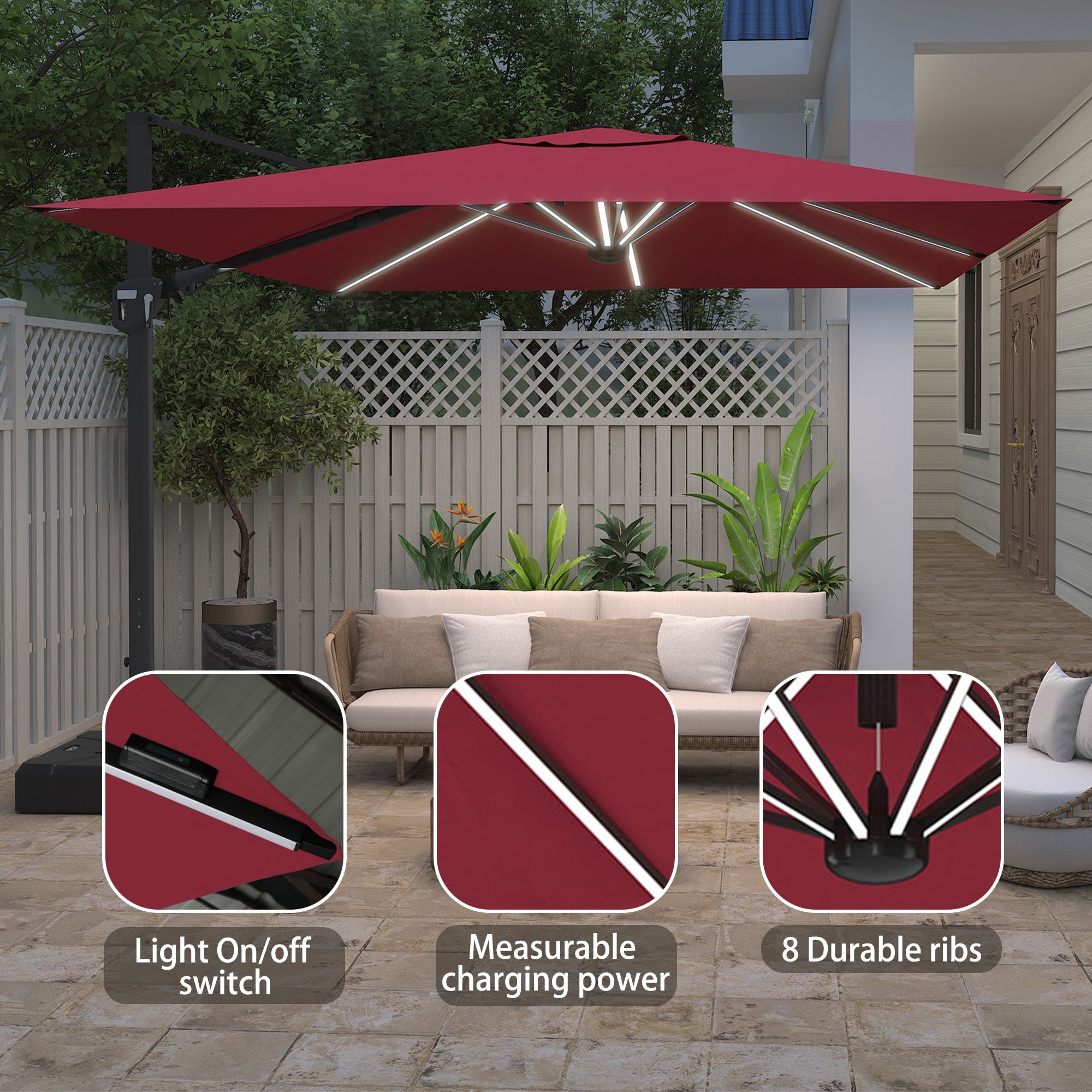 11' Square Cantilever Patio Umbrella with LED Light, Base Not Included