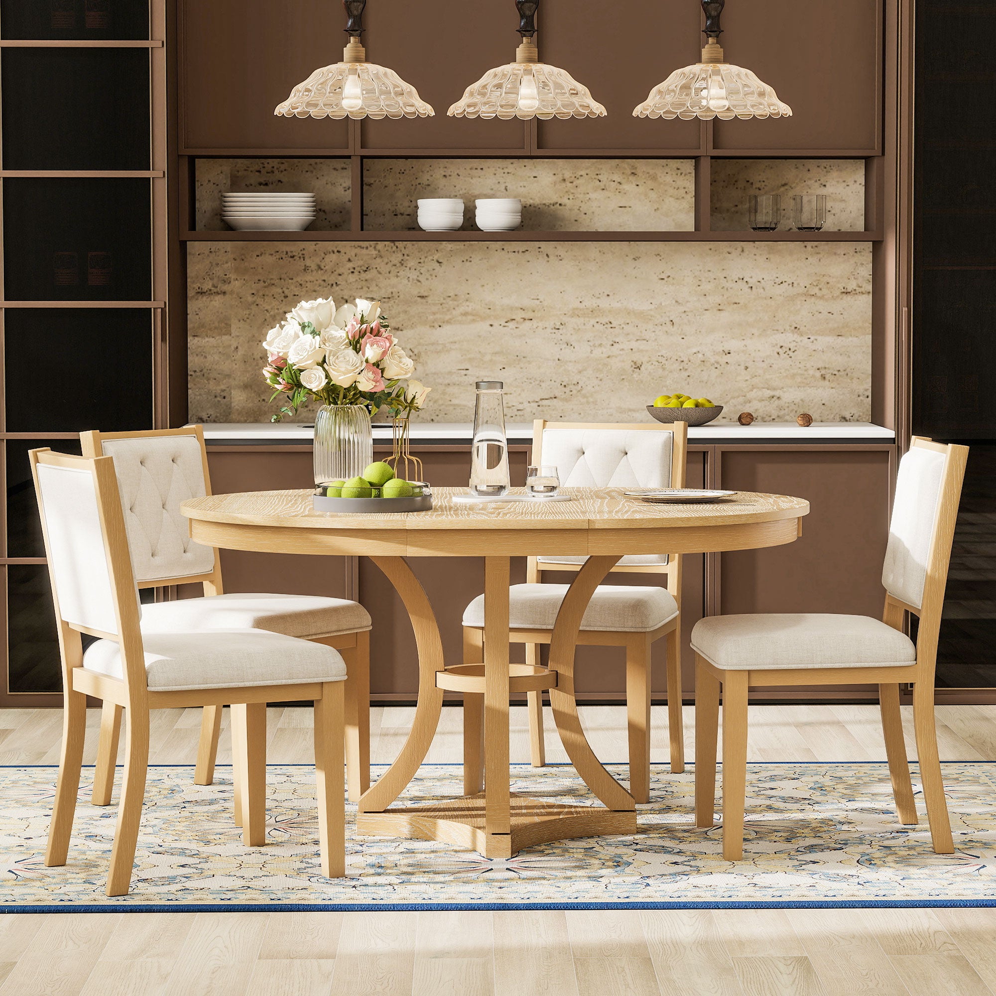 Retro Round Dining Table Set with Extendable Round Table and 4 Upholstered Chairs