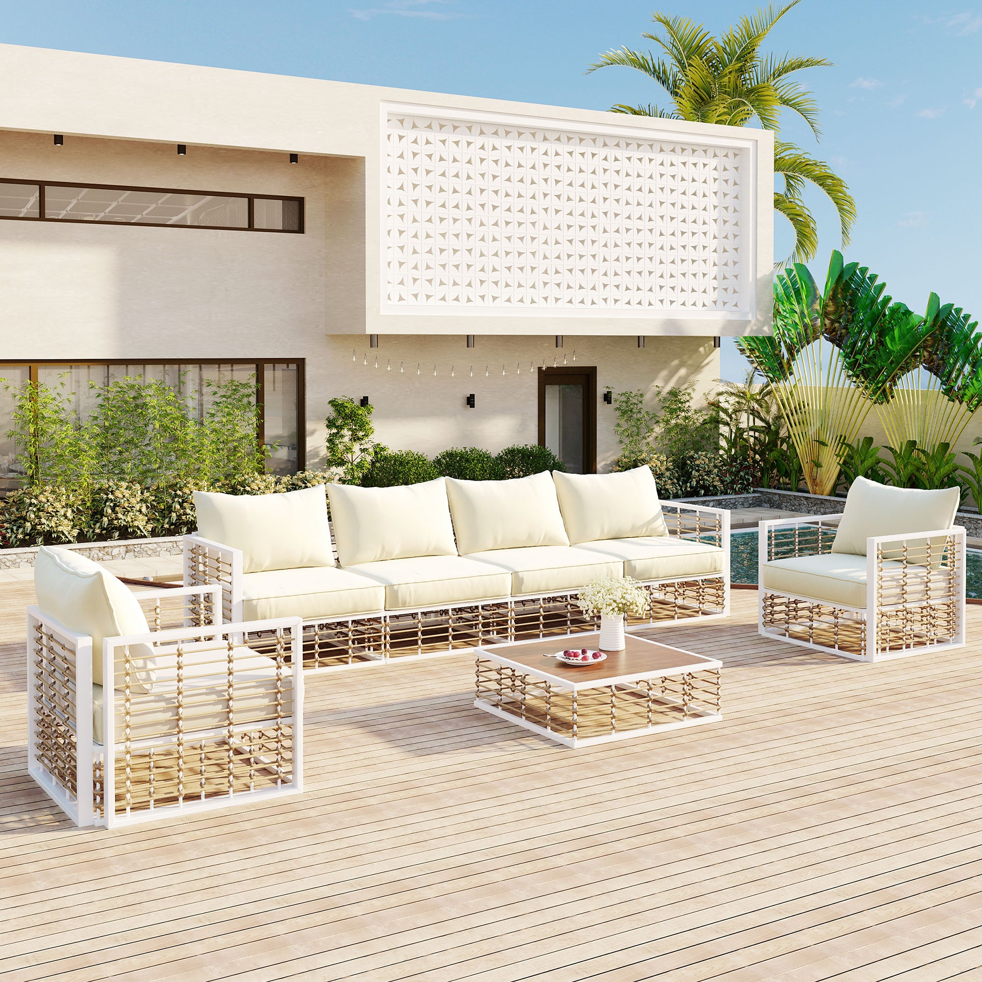 Modern Minimalist 7-Piece Metal All-Weather Conversational Furniture Set with Thick Cushions and Coffee Table
