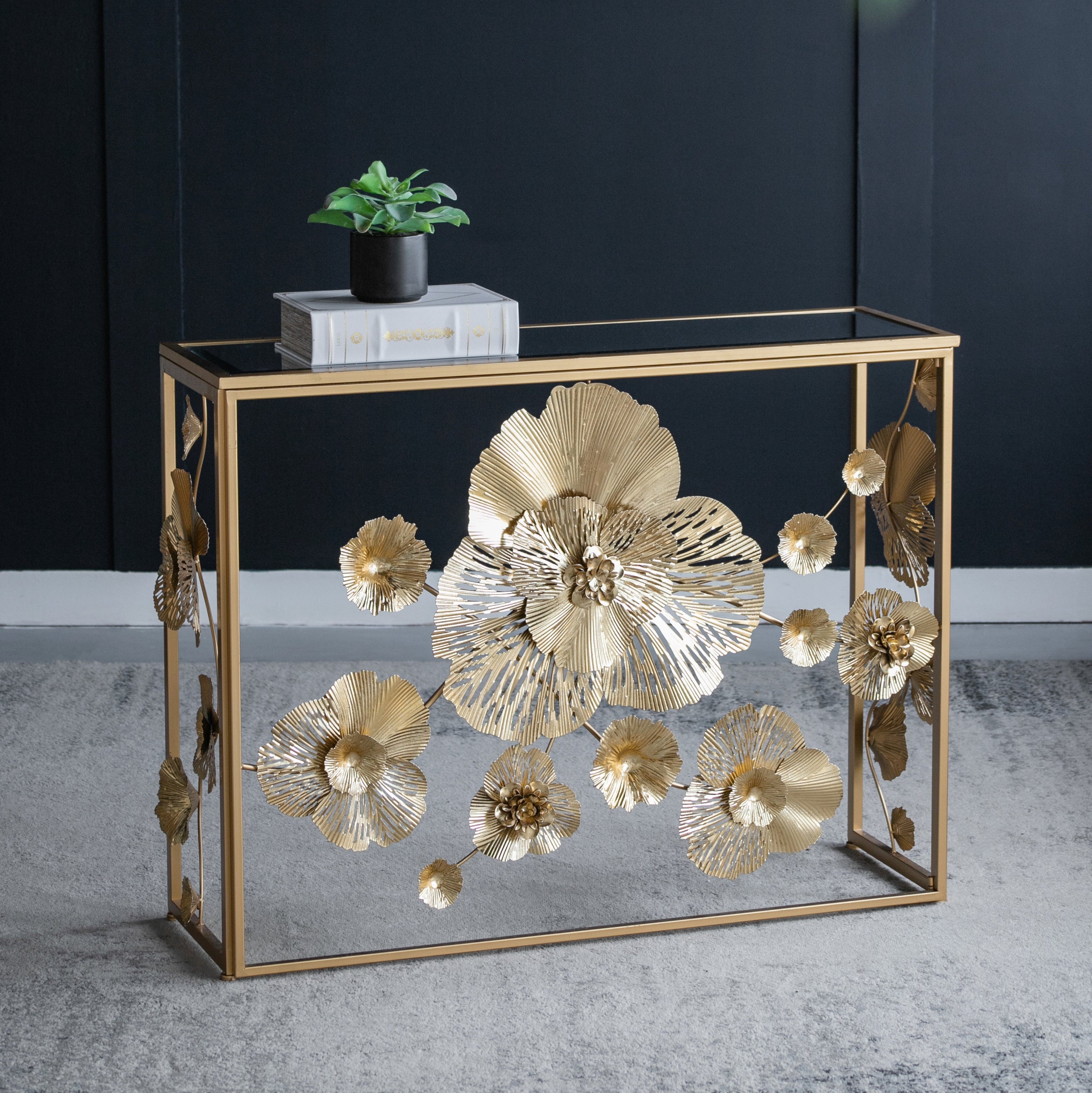 Console Table with Mirrored Glass Top and Floral Design