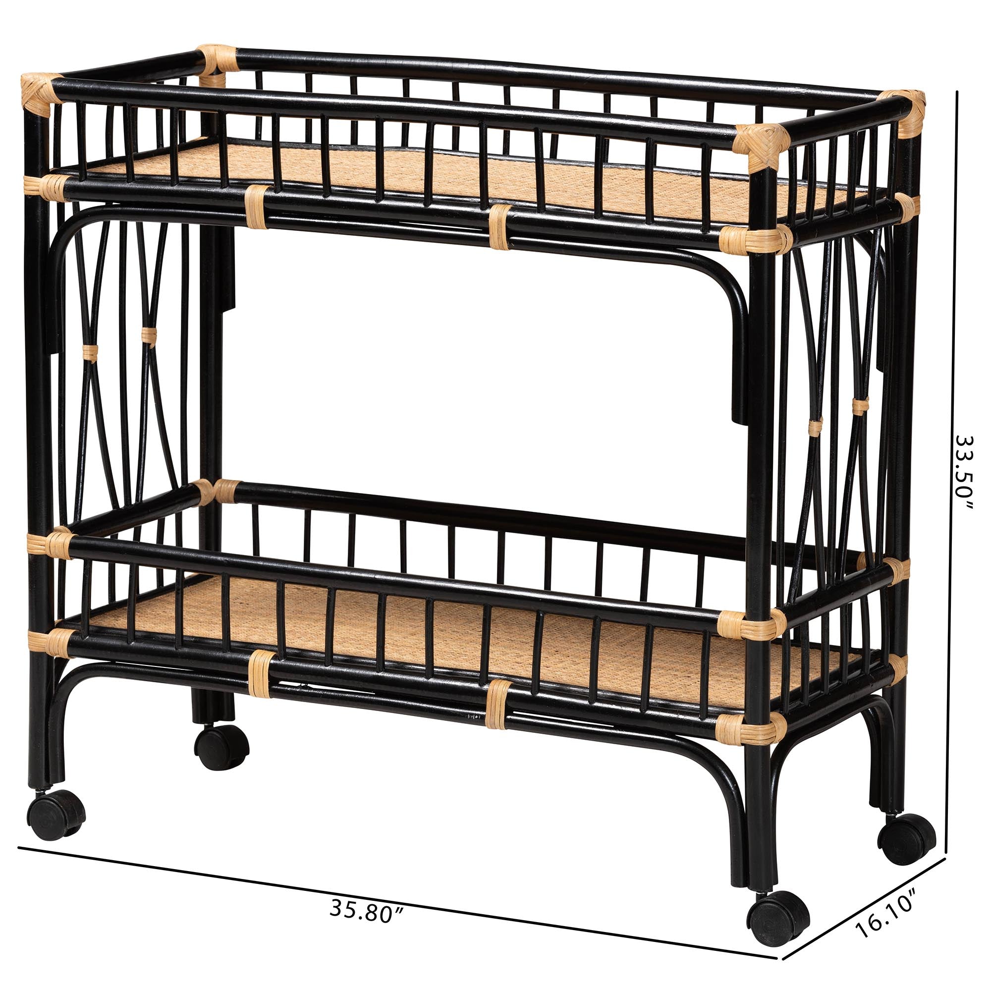 Bohemian Two-Tone Black and Natural Brown Rattan 2-Tier Bar Cart