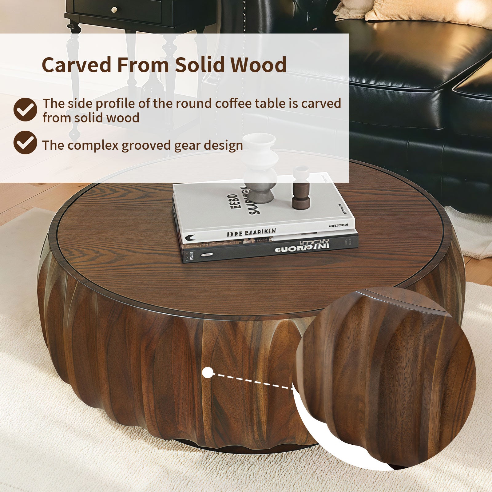 Round Solid Wood Carved Coffee Table