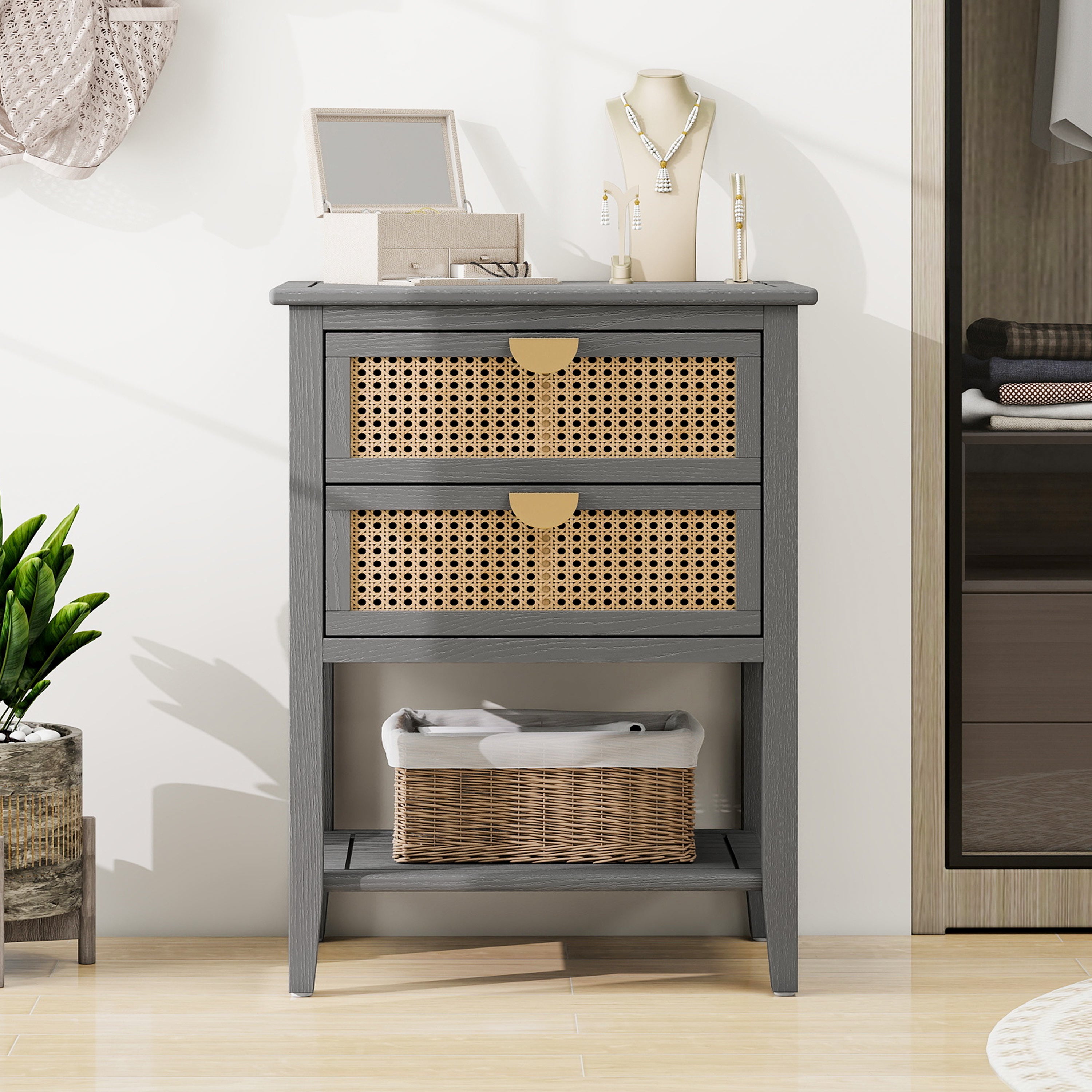 2-Drawer Side Table with Natural Rattan Drawers