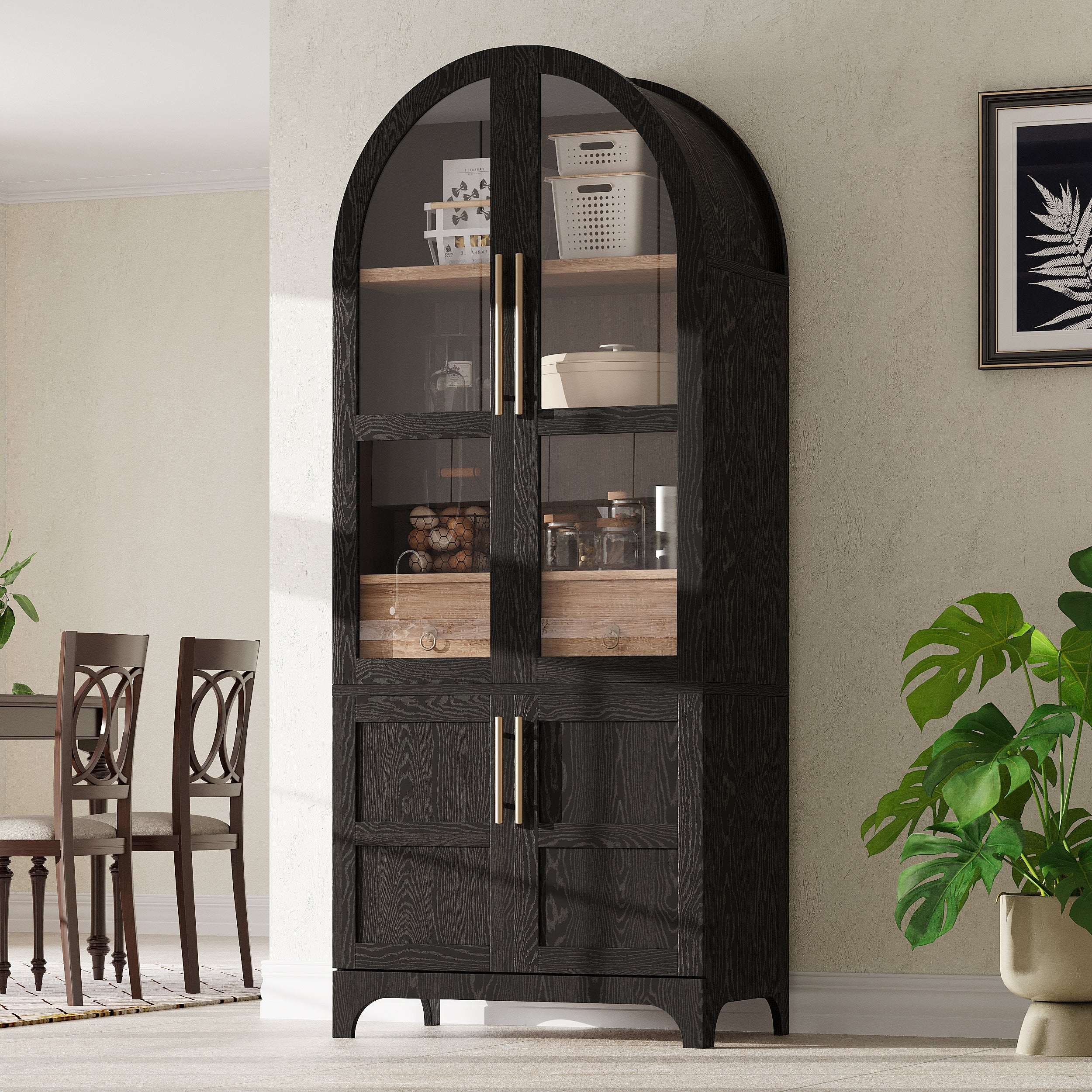 Farmhouse Kitchen Storage Cabinet with Open & Adjustable Shelves