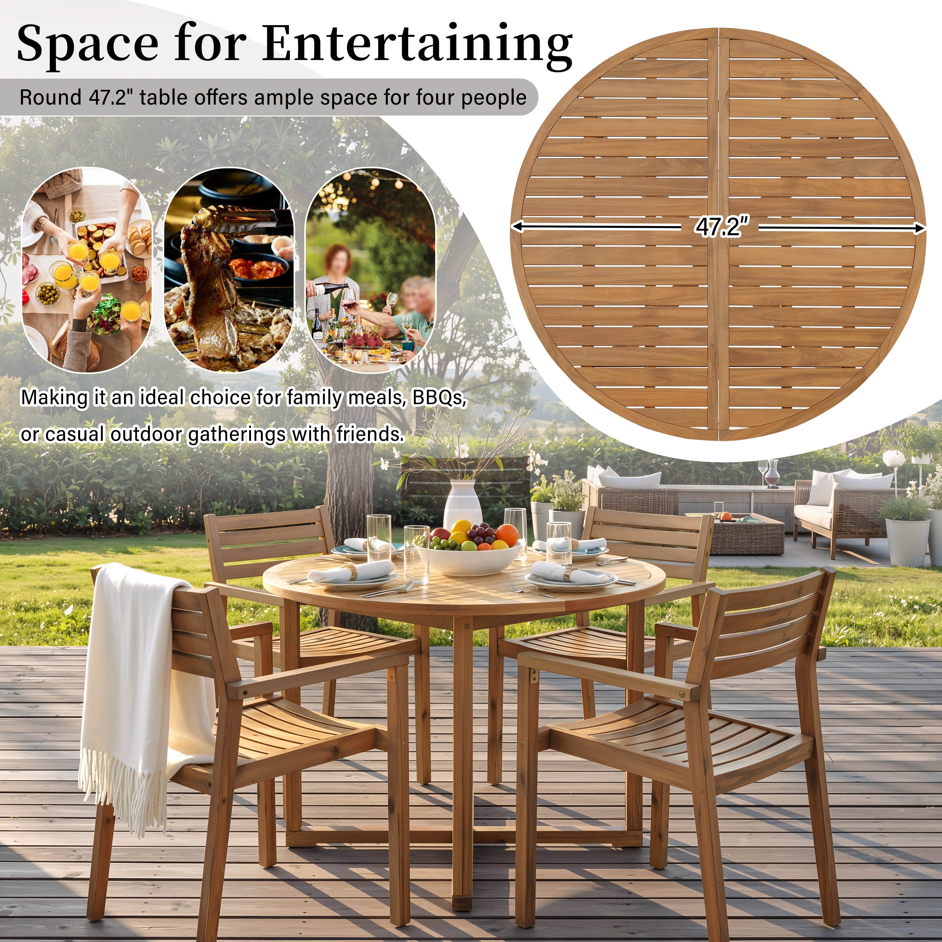 5-Piece Outdoor Dining Set with 4 Acacia Wood Chairs, 47.2" Round Dining Table with Slatted Design