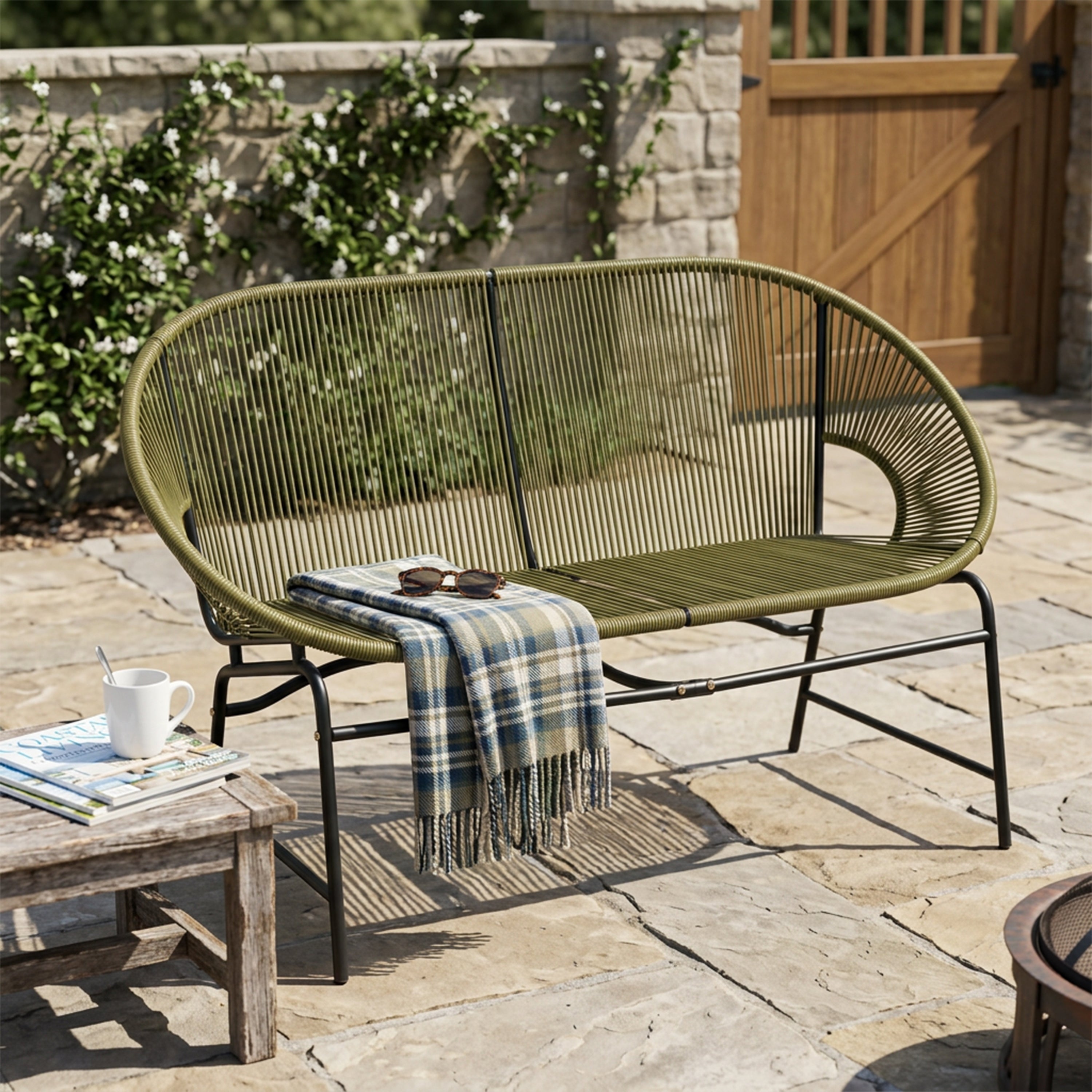 CONDESSA OUTDOOR PATIO WICKER LOVE SEAT, GREEN PE RATTAN & IRON FRAME, SET OF 1