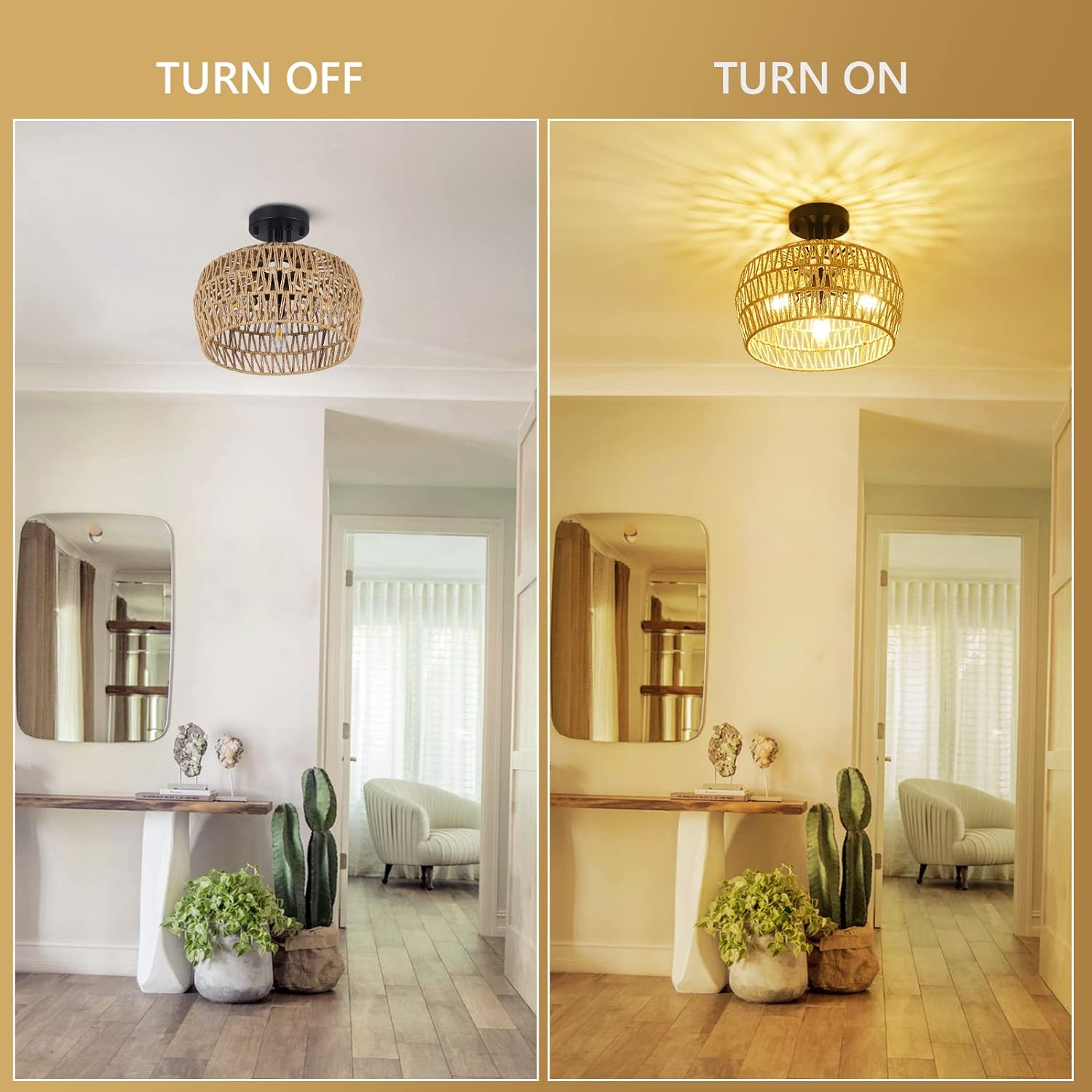 3-Light Semi Flush Mount Ceiling Light with Handmade Wicker Lampshade