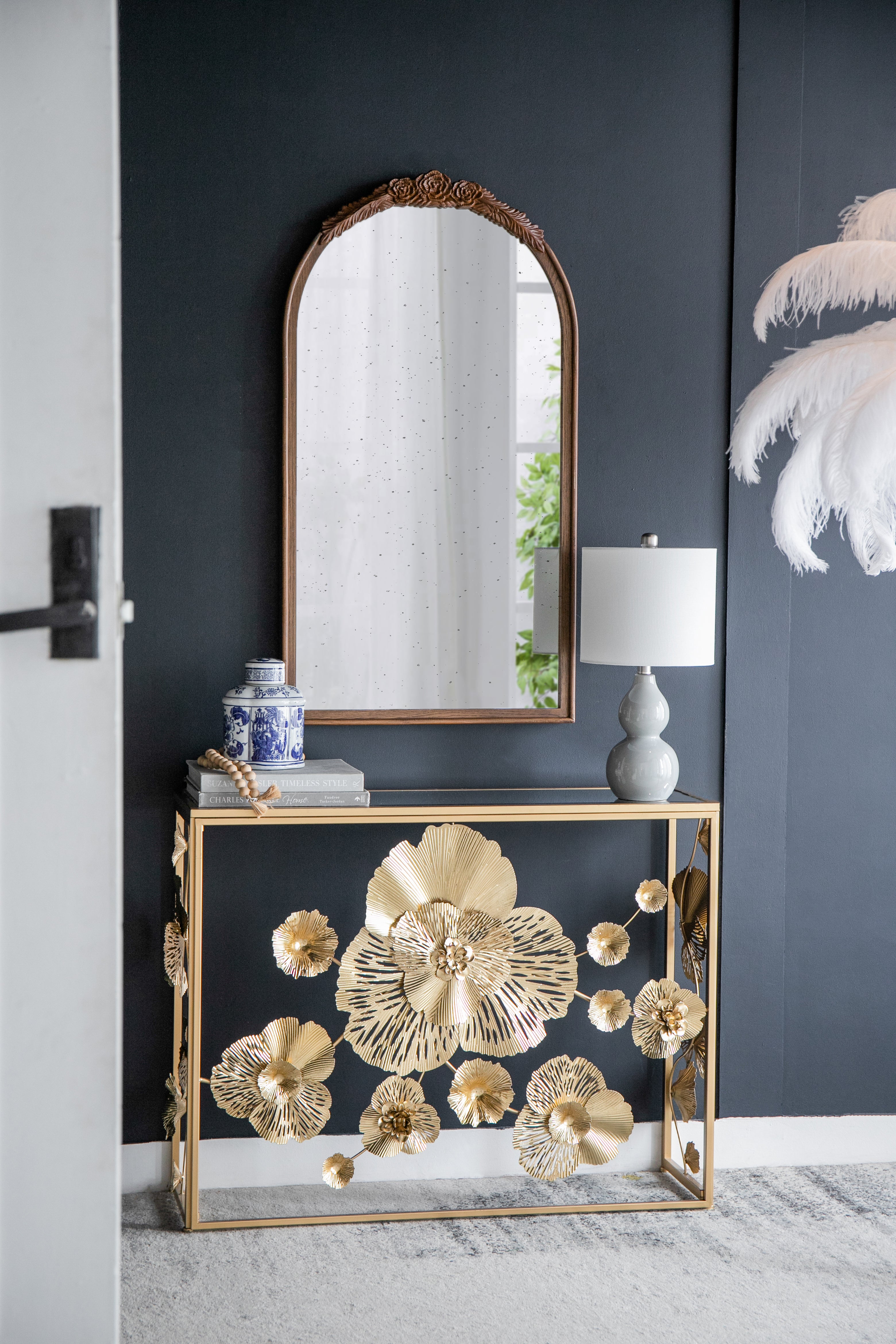 Arched Wall Mirror with Hand Carved Rose