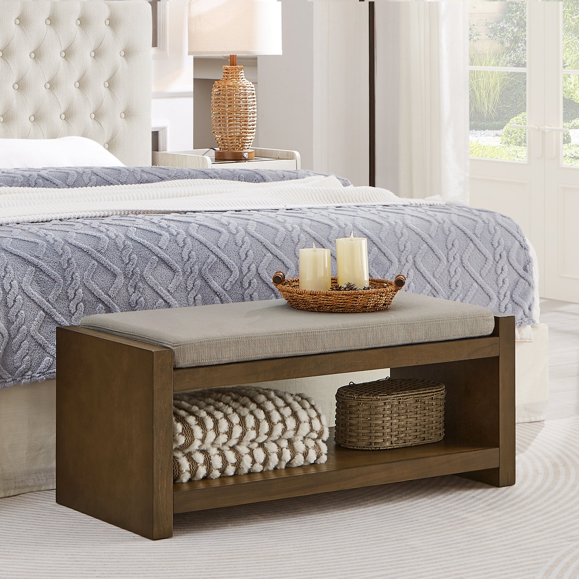 Accent Bench with Lower Shelf Shoe Rack and Padded Seating