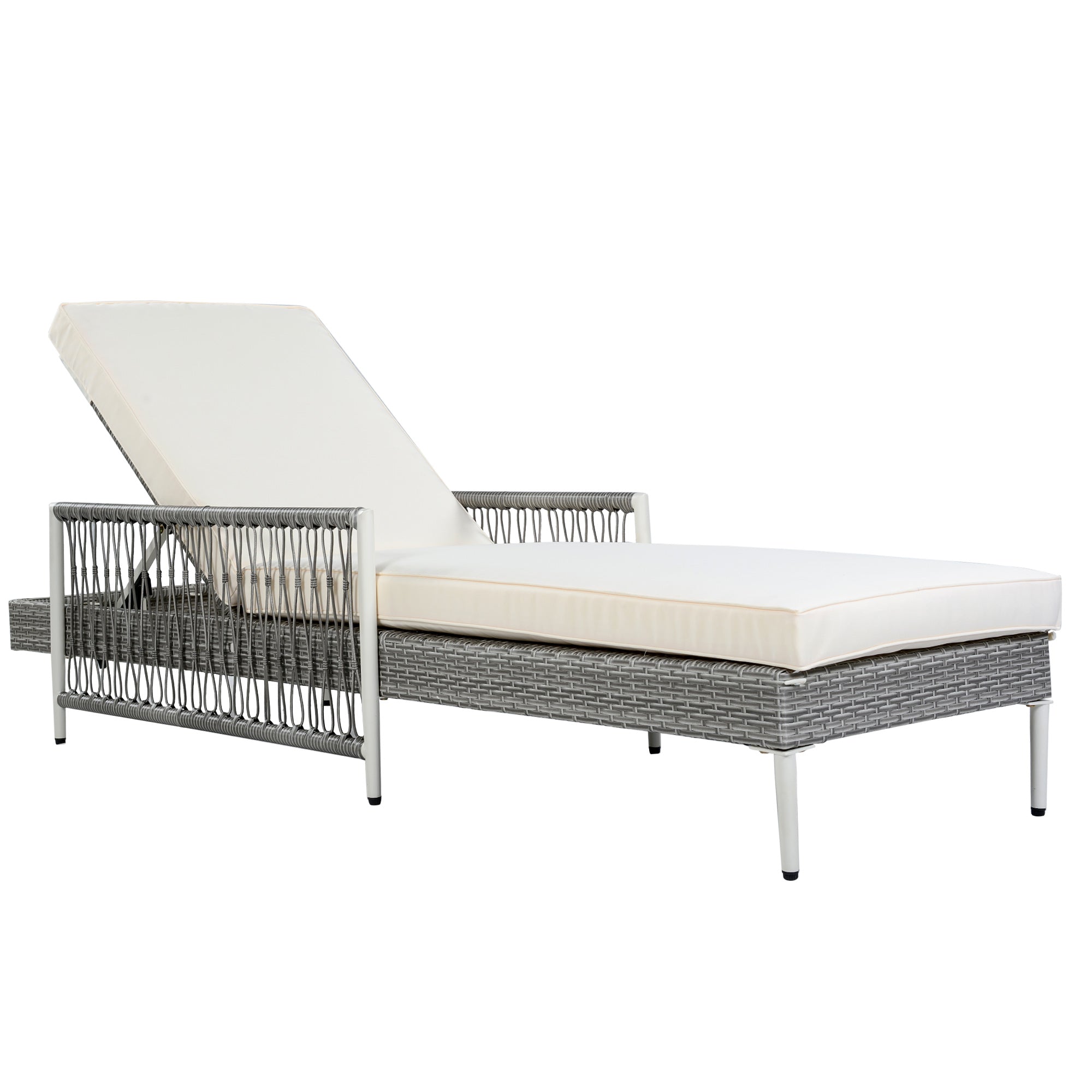 TOPMAX Outdoor All-Weather PE Rattan Chaise Lounge, Minimalist Patio Wicker Lounge Chair with 6 Gear Adjustable Recliner, Arms and Cushion for Poolside, Deck, Grey