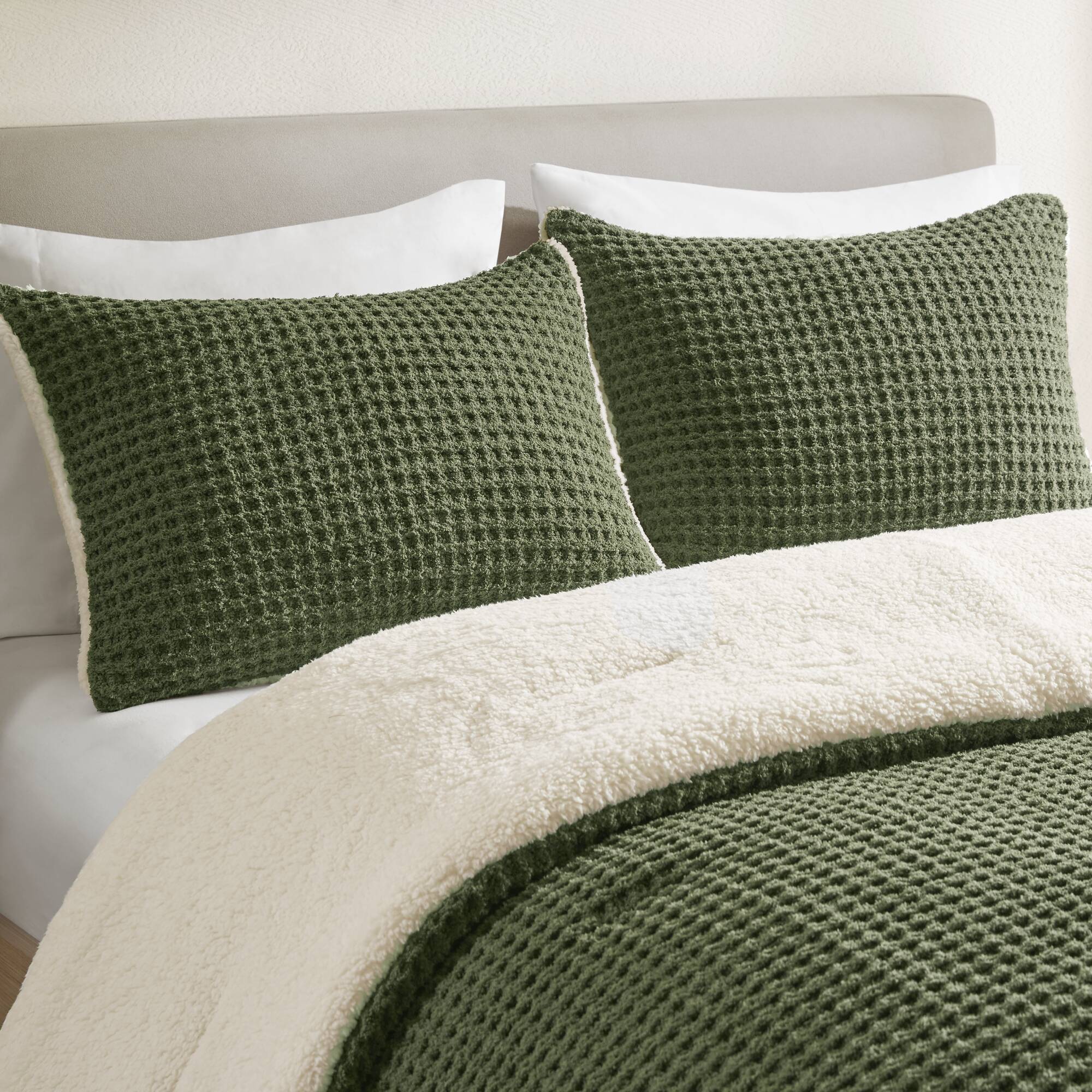 2 Piece Olive Waffle Knit Chenille Comforter Set