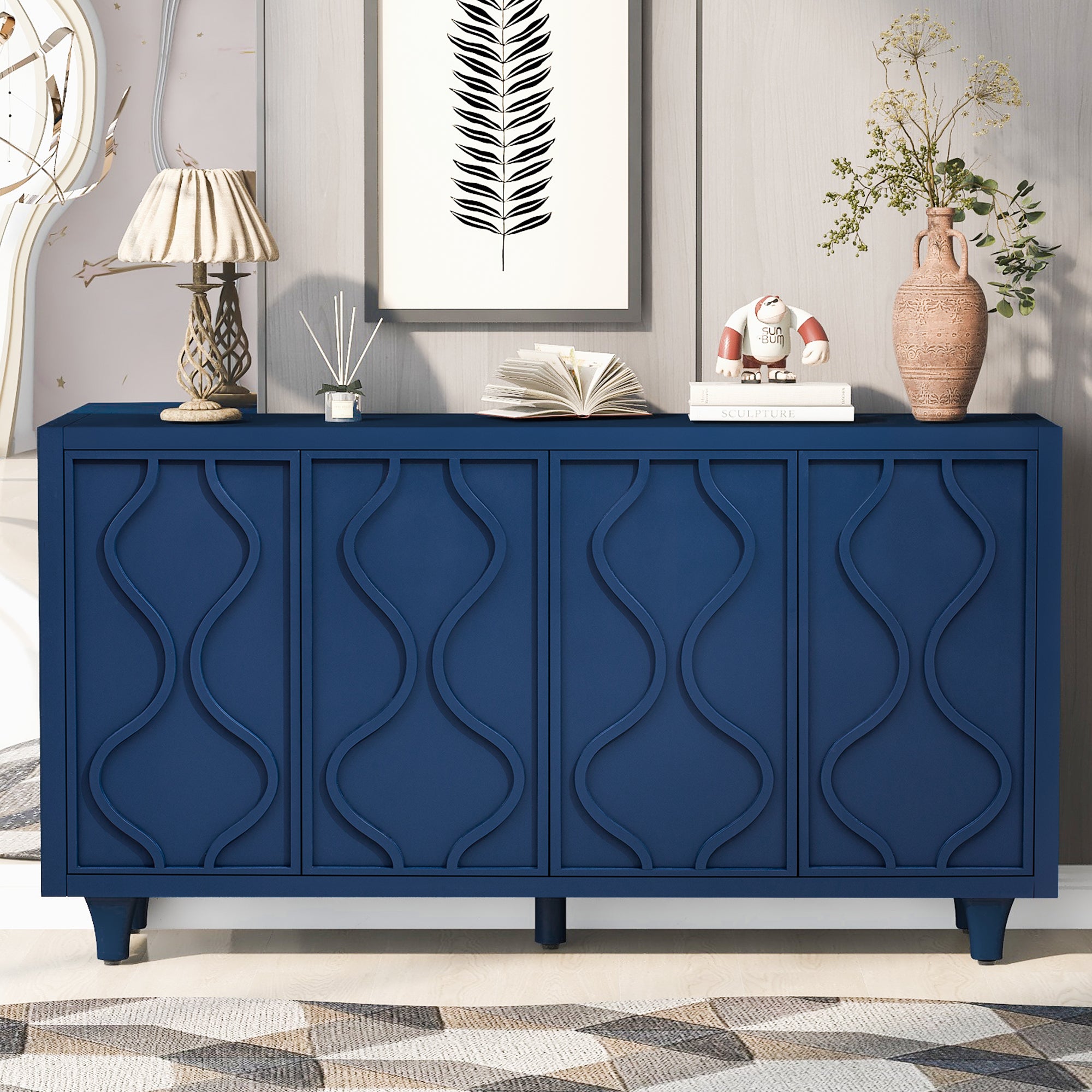 Storage Cabinet Sideboard Wooden Cabinet with Embossed Curved Doors