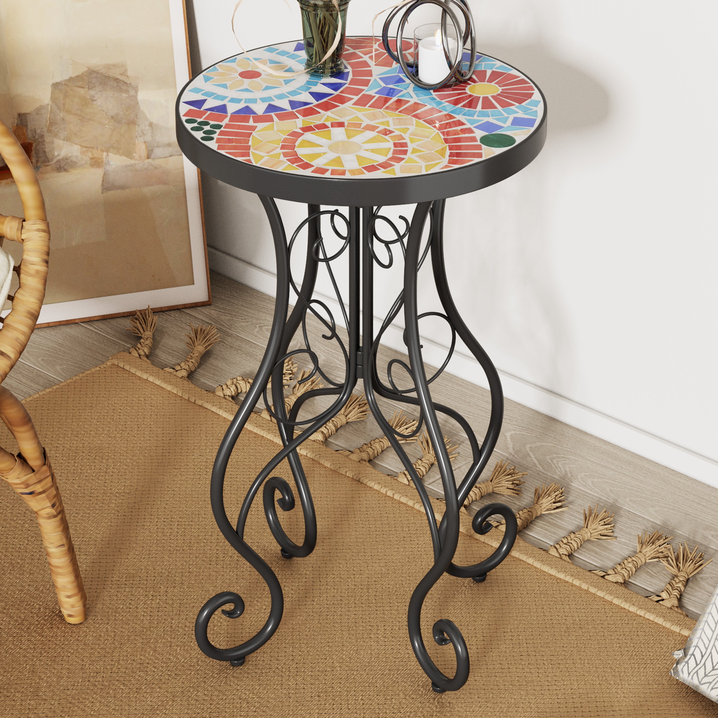Unending Outdoor Ceramic Tile Side Table with Floral Design