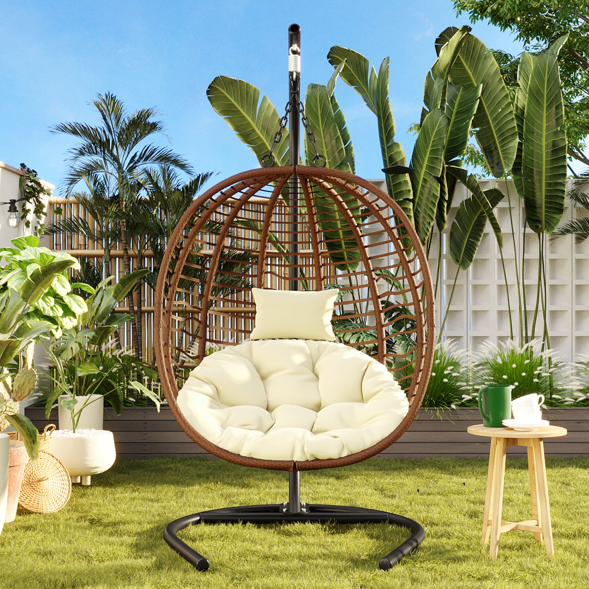 Folding Hanging Swinging Egg Chair with Stand & Tufted Cushion
