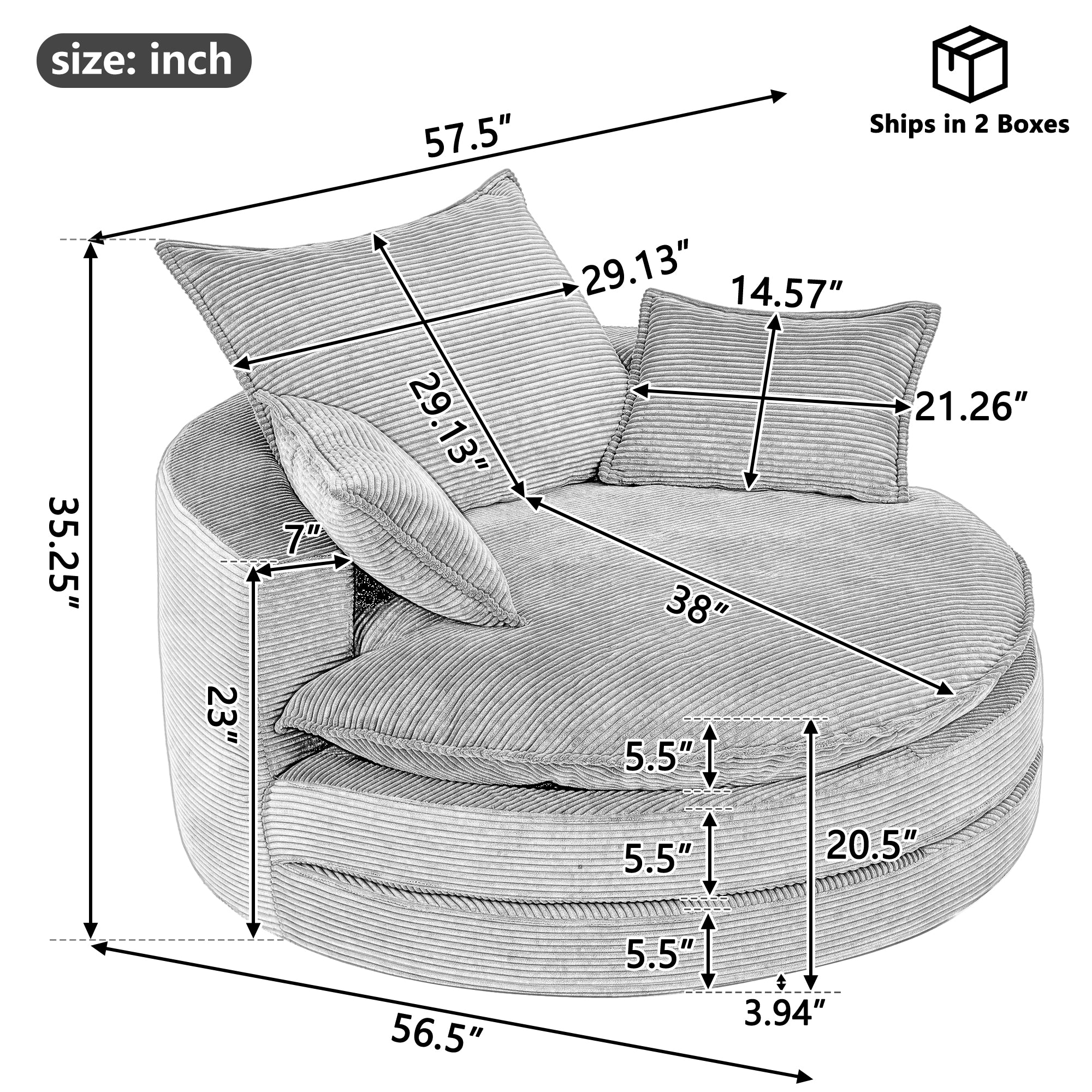 Corduroy 360° Swivel Accent Barrel Chair with 3 Removable Pillows