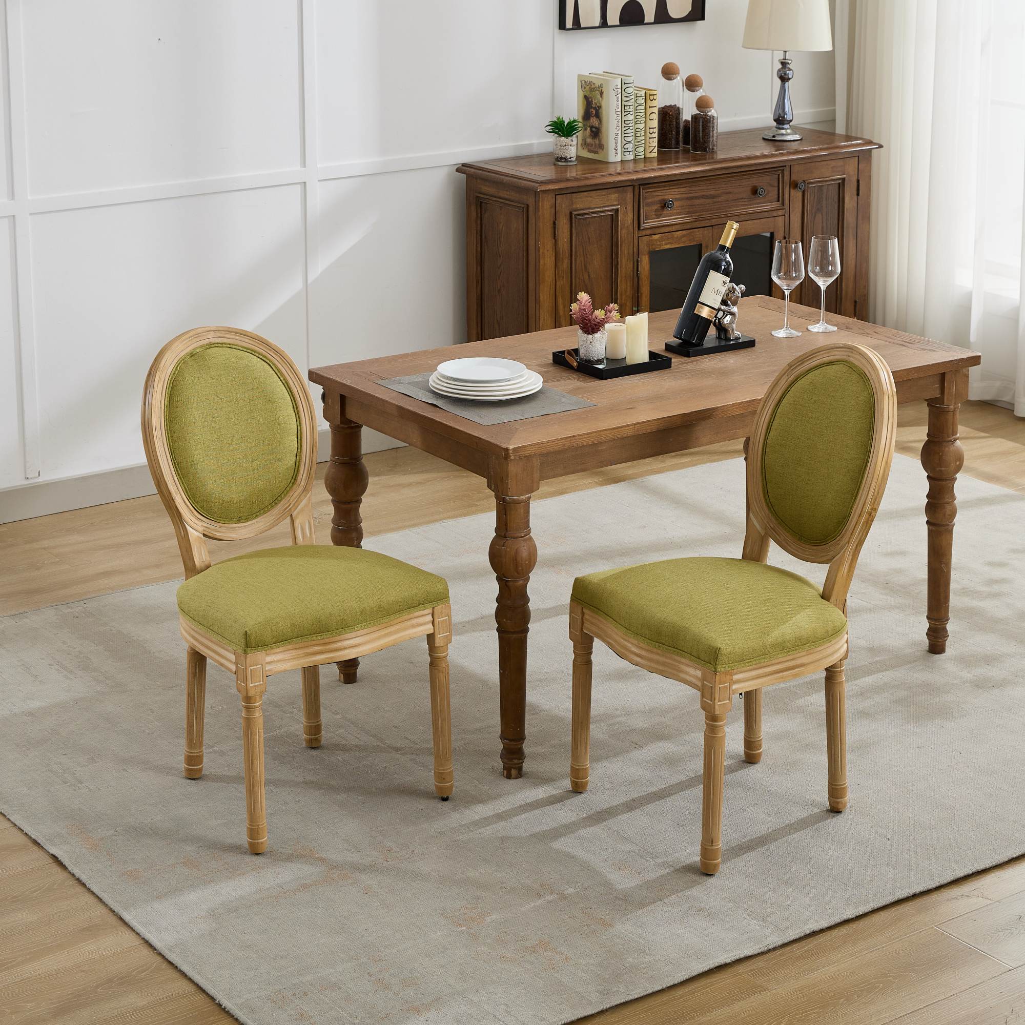 French Country Dining Chairs with Round Upholstered Backrest, Set of 2