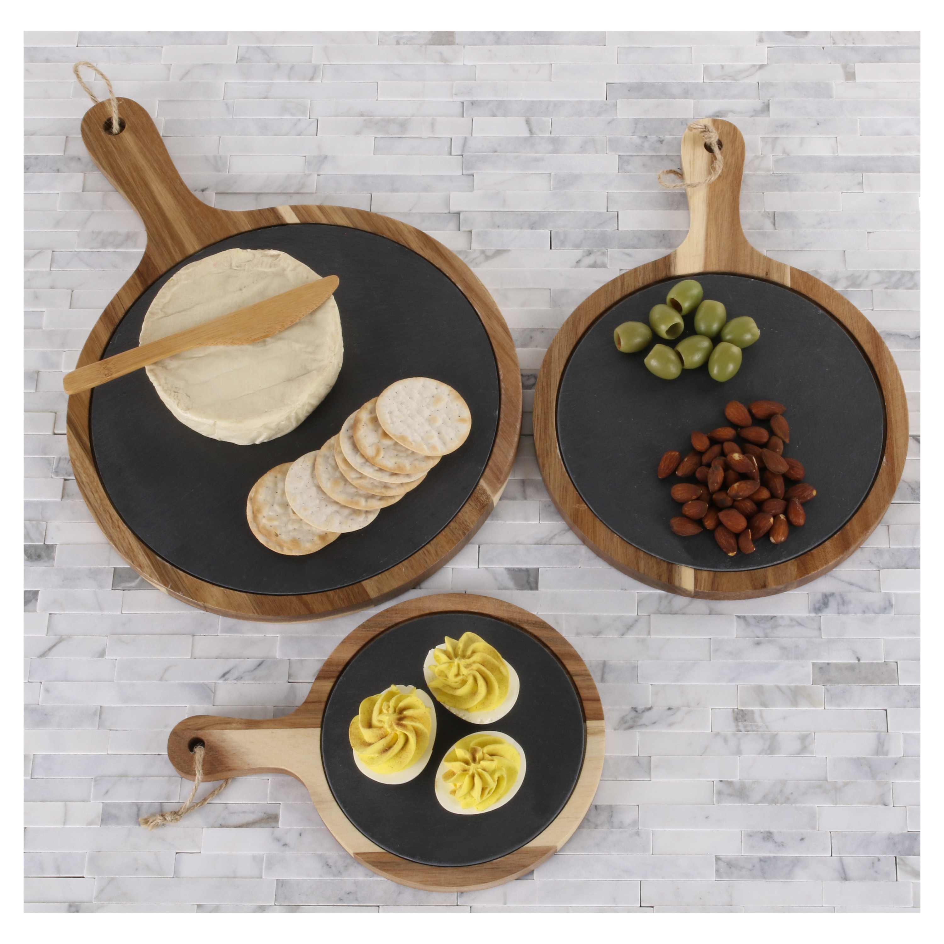 Round Set of 3 Slate and Wood Serving Boards