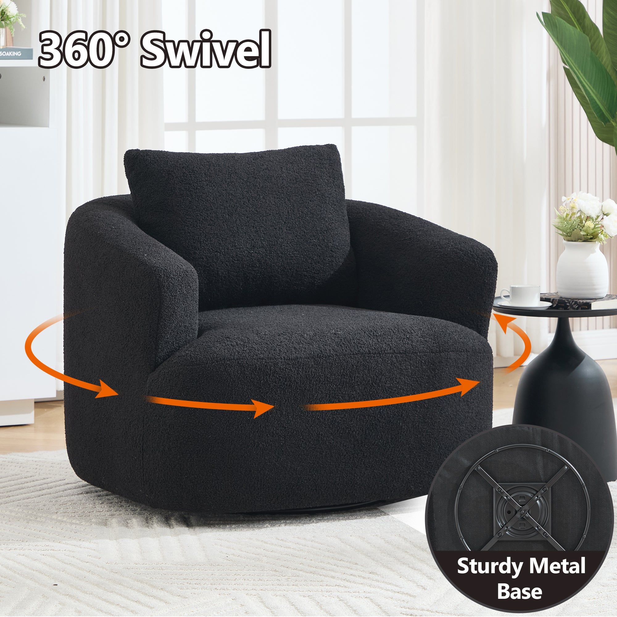 Teddy Fleece 360° Swivel Round Upholstered Comfy Accent Chair With Pillow