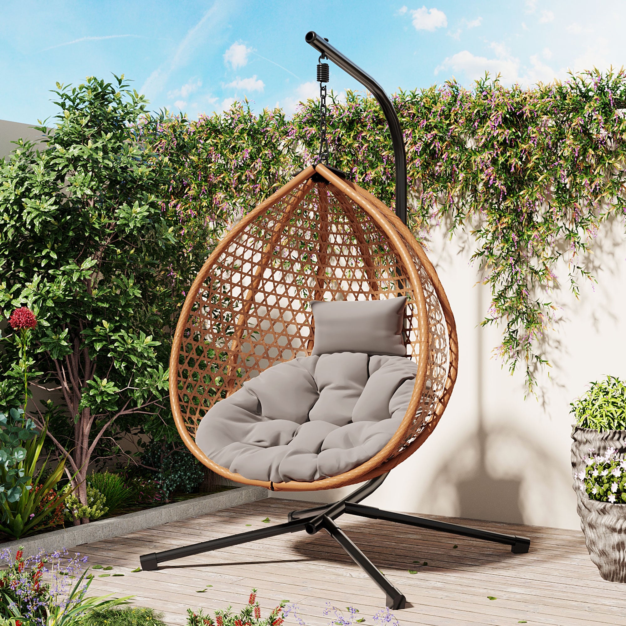 Hanging Swinging Egg Chair with Rattan Weaving, Base Included