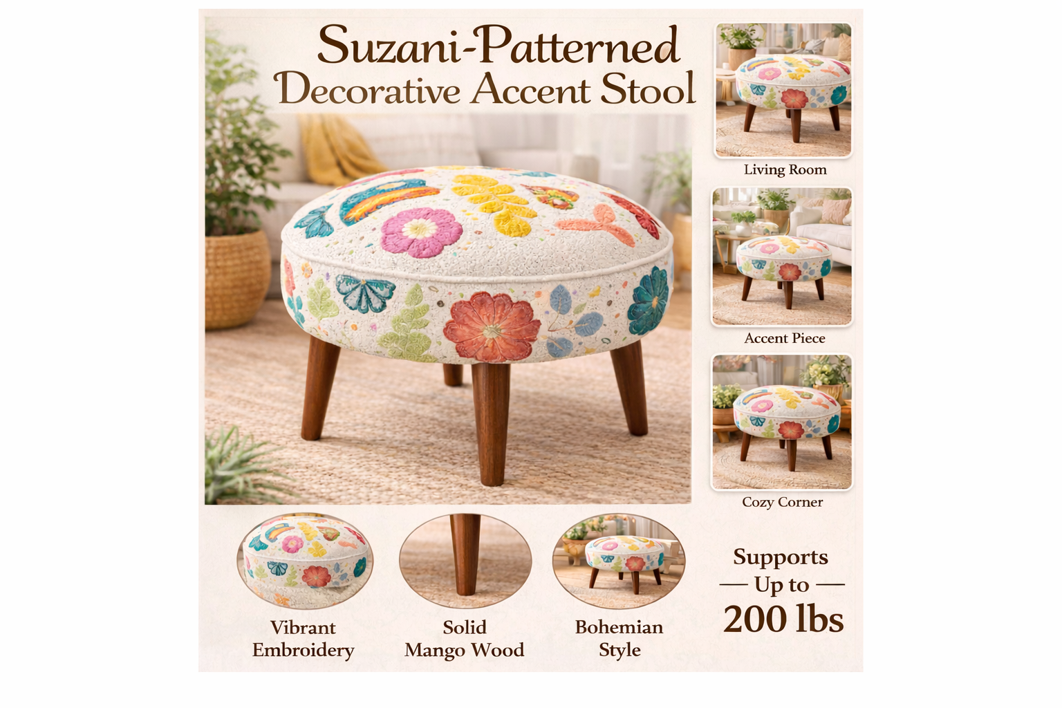Suzani Patterned  Accent Stool