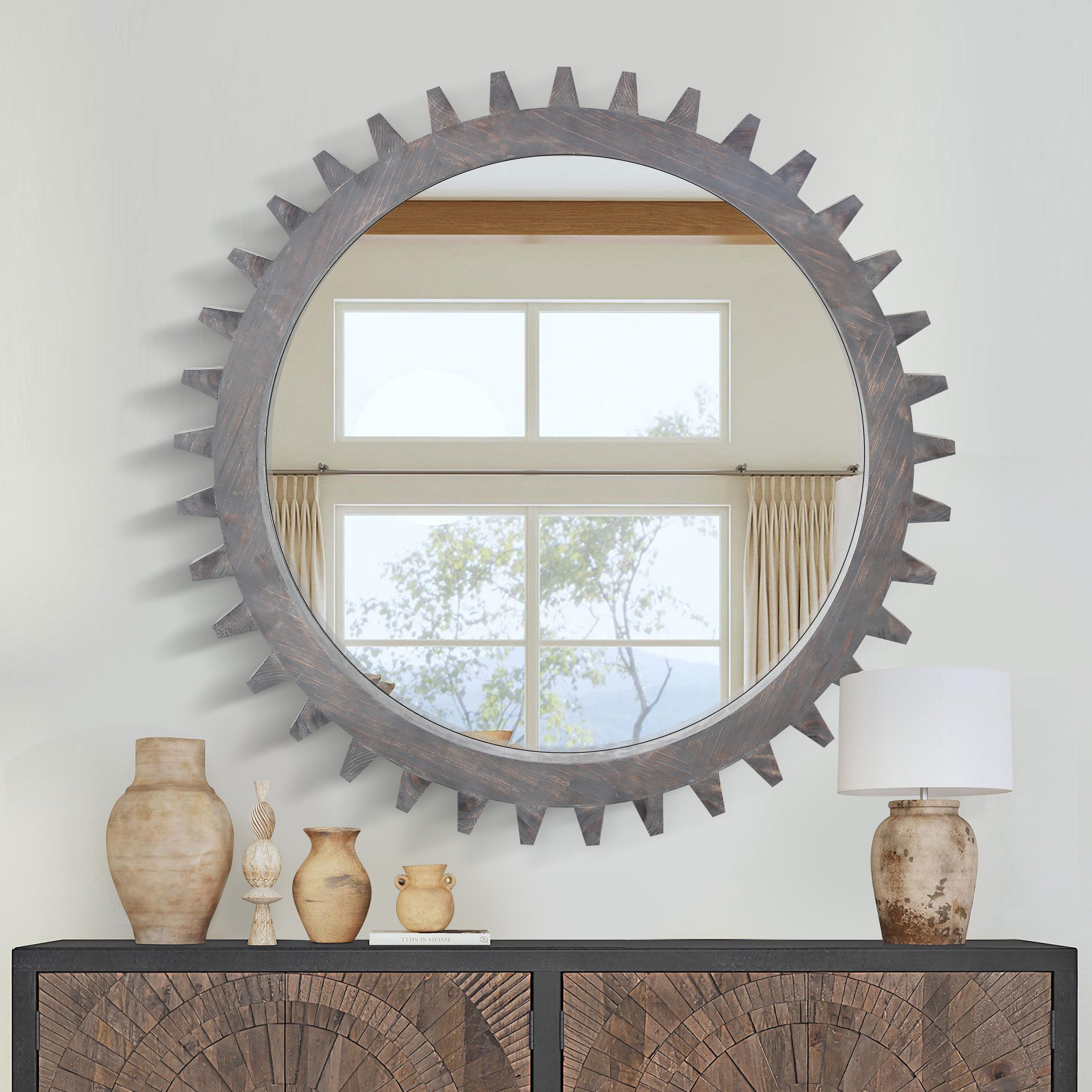 Harmonyx Wall Mirror with Gear Shape and Wood Frame