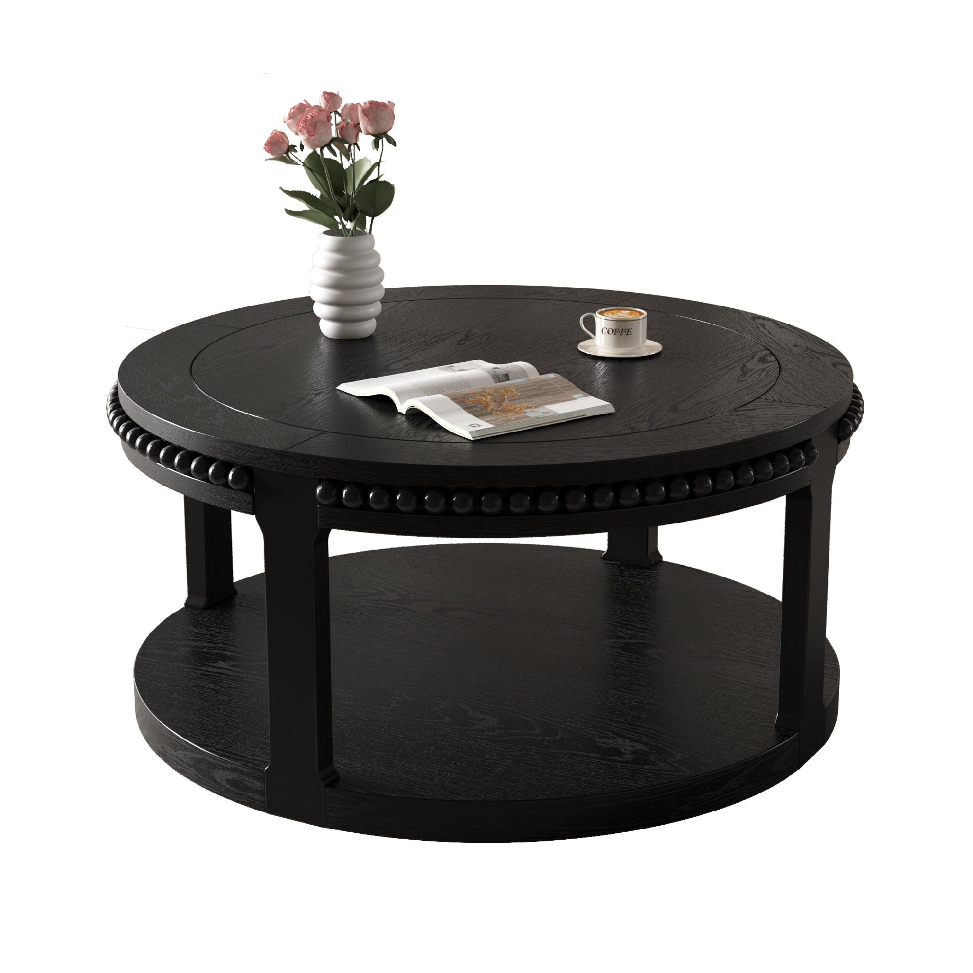 Round Solid Wood Coffee Table with Beaded Accent Edge