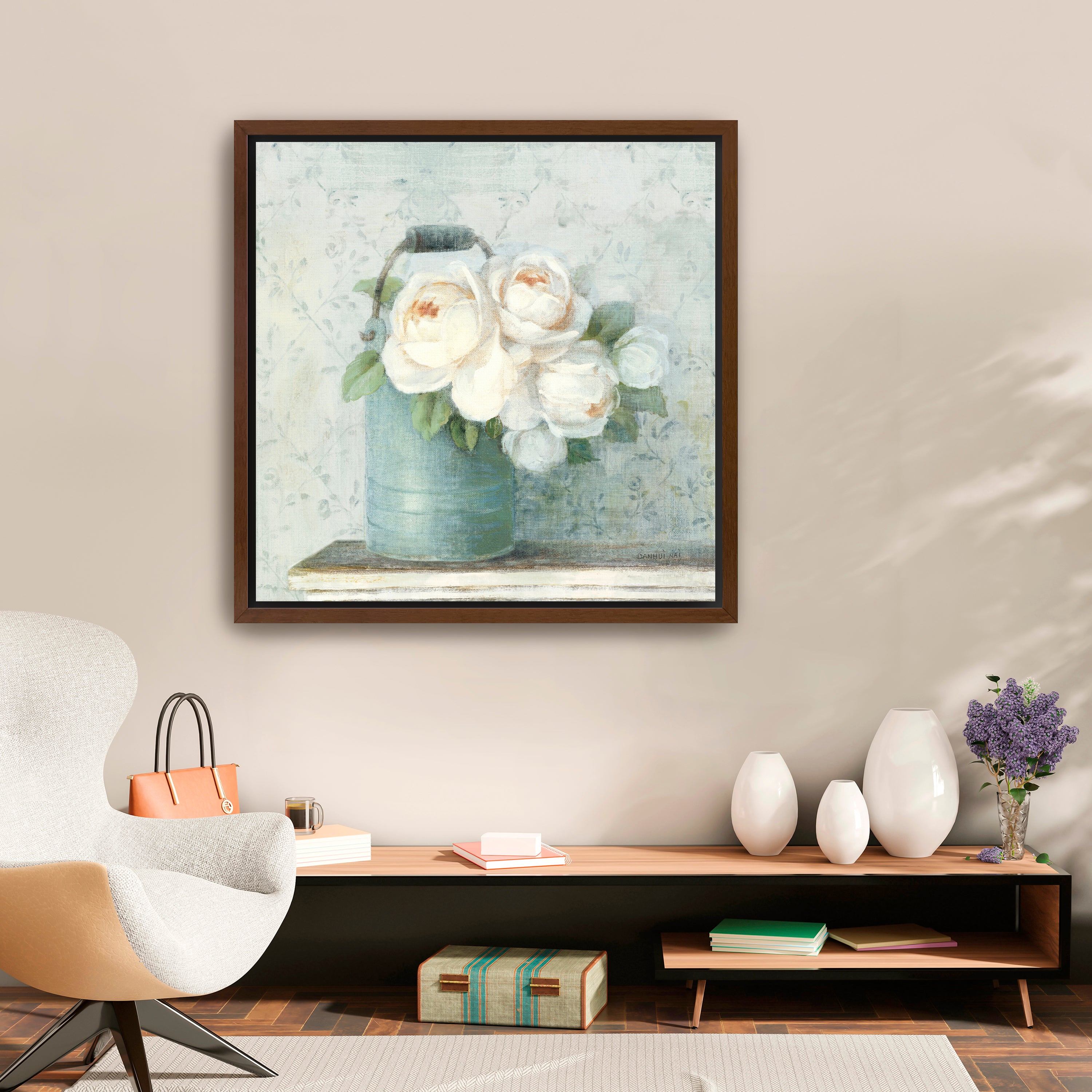 June Roses I White Blue Canvas Giclee