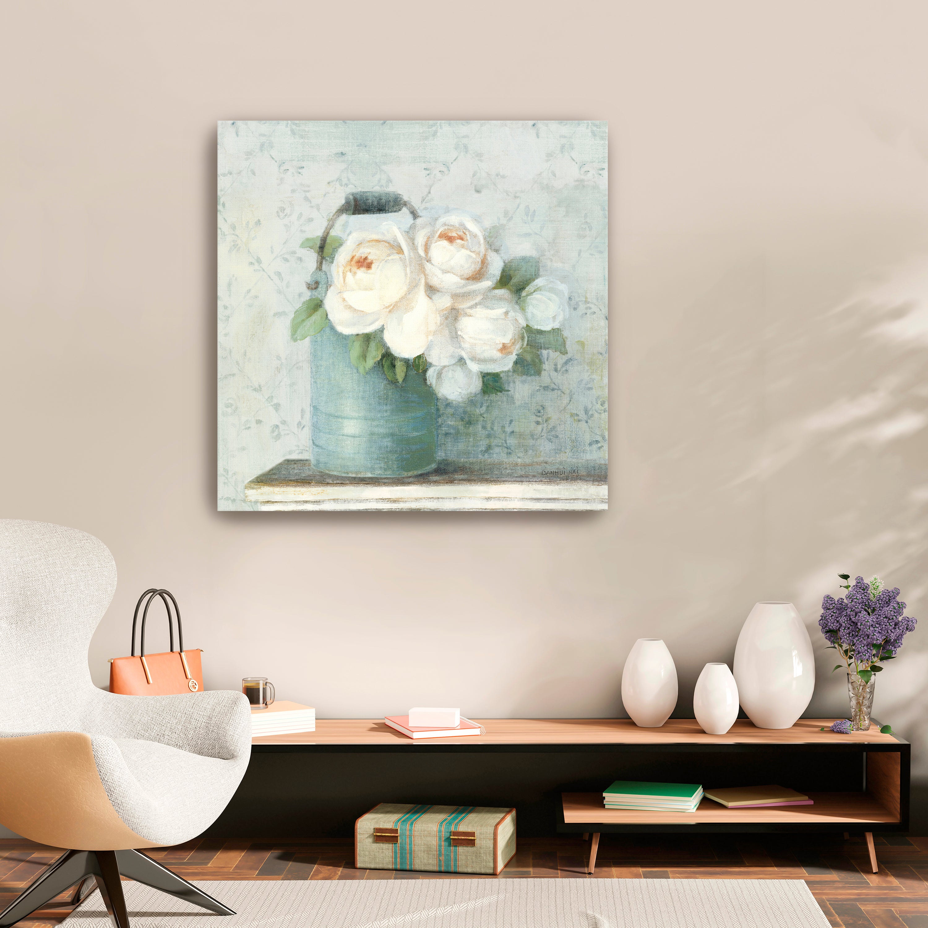 June Roses I White Blue Canvas Giclee