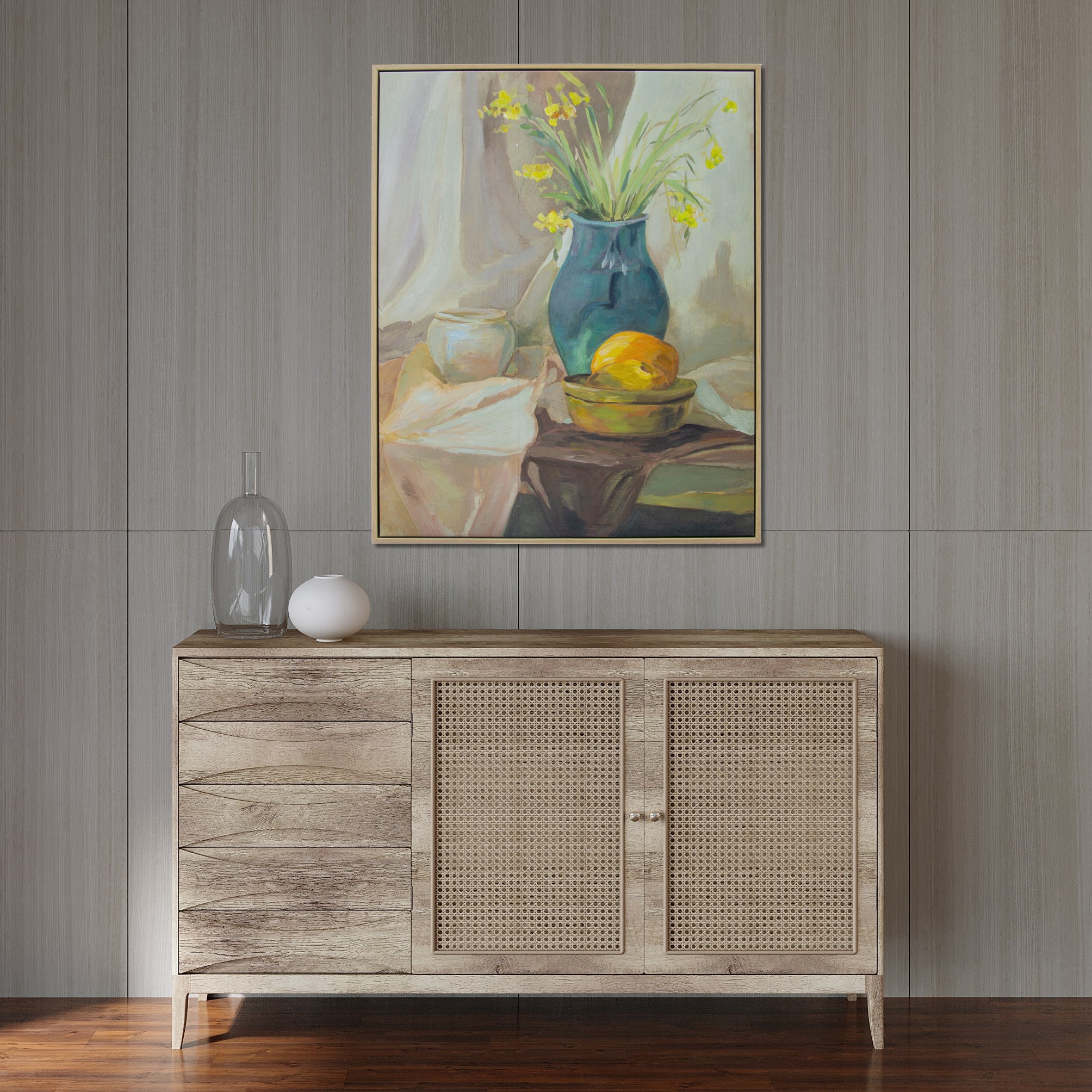 Still Life Vase Hand Painted Floating Framed Wall Art Print 24x36 Inches