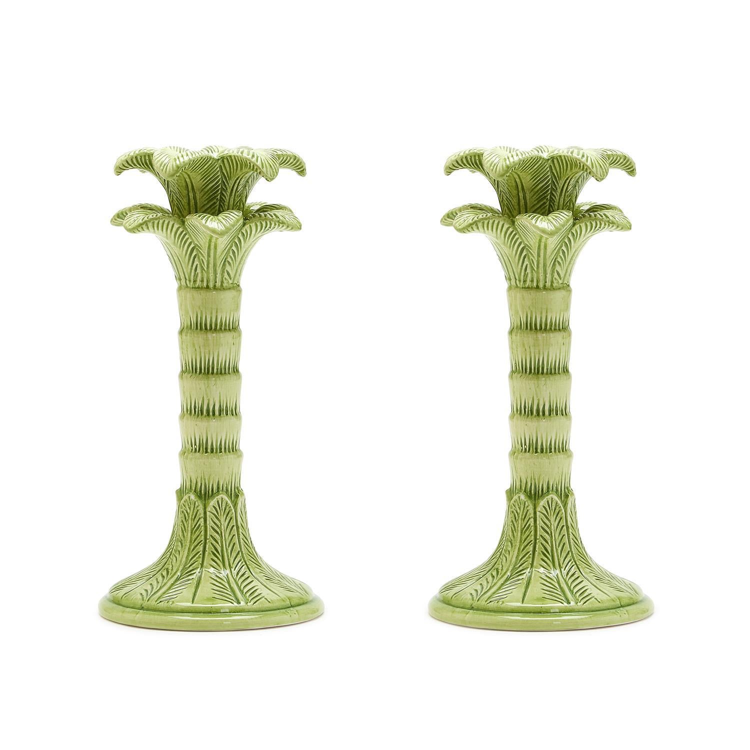 Green Palm Leaf Taper Candlestick Holder, Set of 2