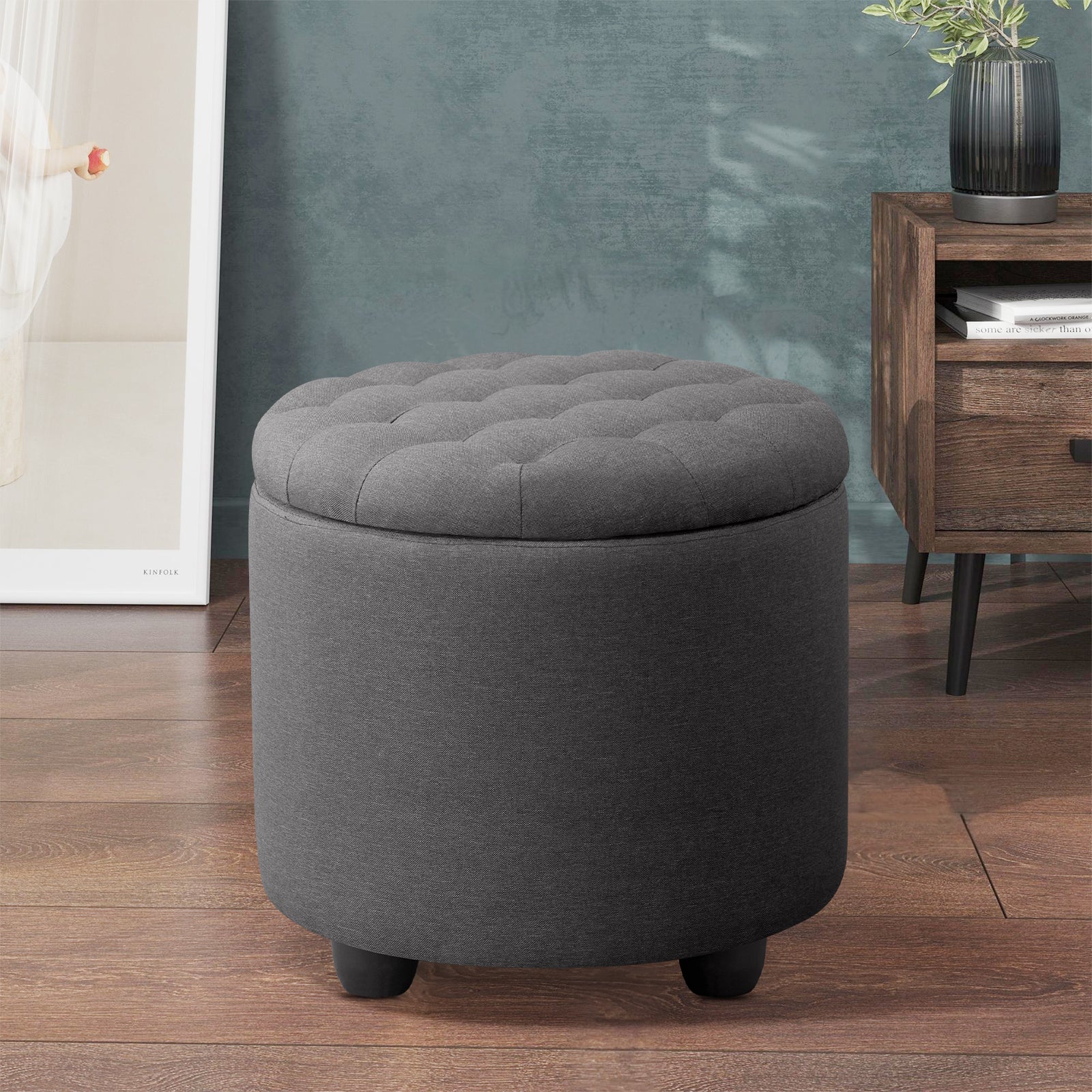Small Upholstered Circle Pouf Footstool with Removable Lid Storage
